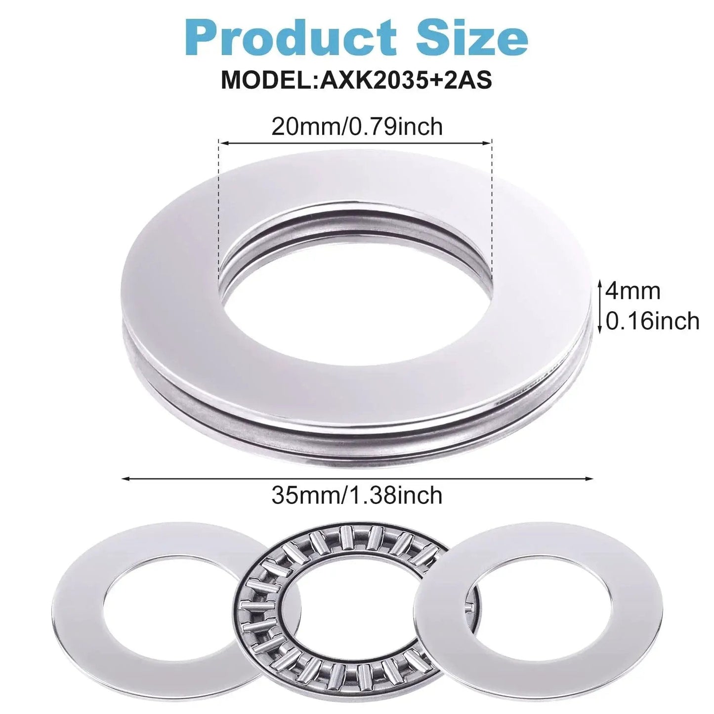 Six Set AXK2035 Needle Roller Bearings With Two AS Washers for mower, lawn tractor, automotive use, 35mm OD, 20mm ID, 4mm thick.