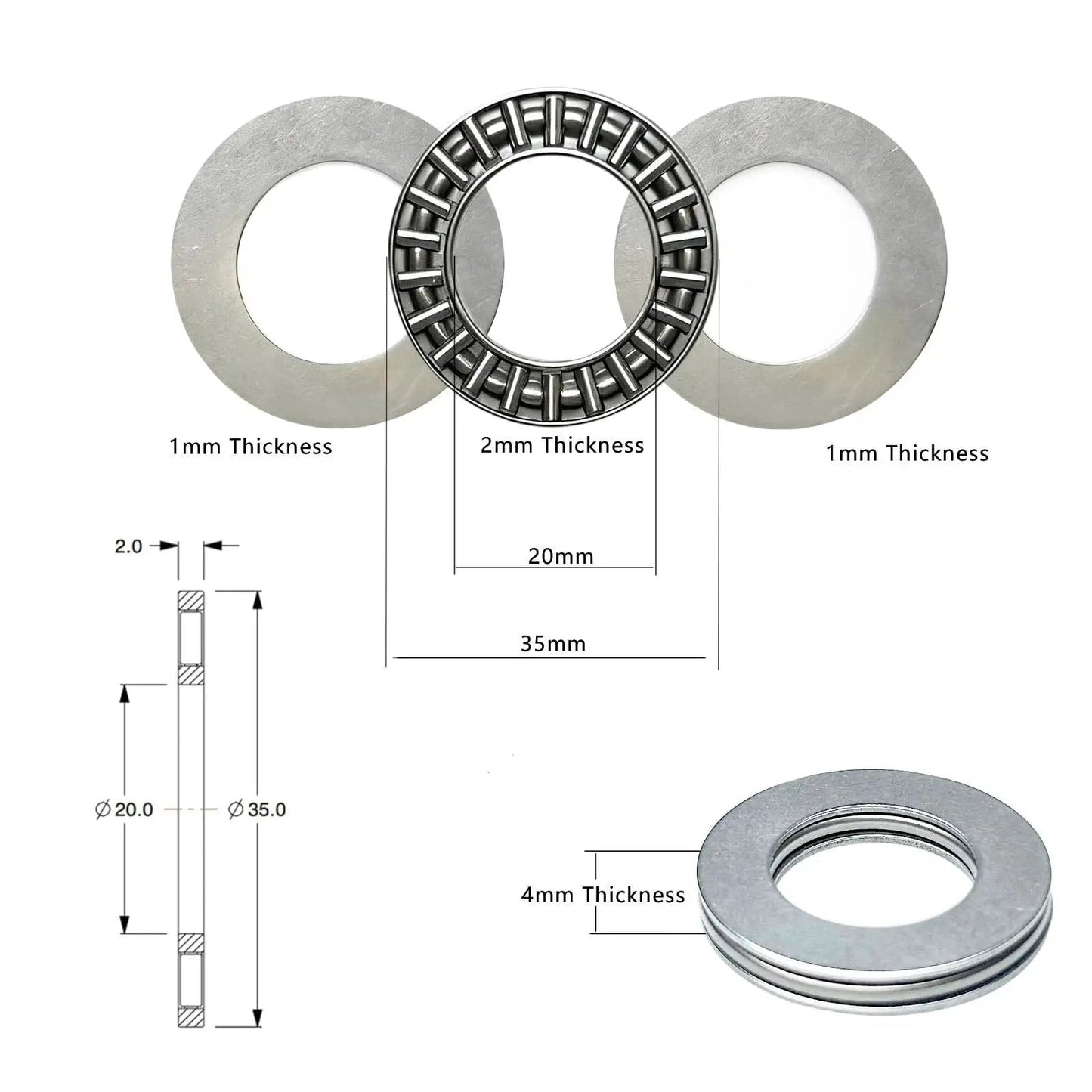 Professional Grade Thrust Needle Roller Bearing Set for lawn tractors, 8 bearings, washers, 20x35x2 mm, model AXK2035, with dimensions diagram