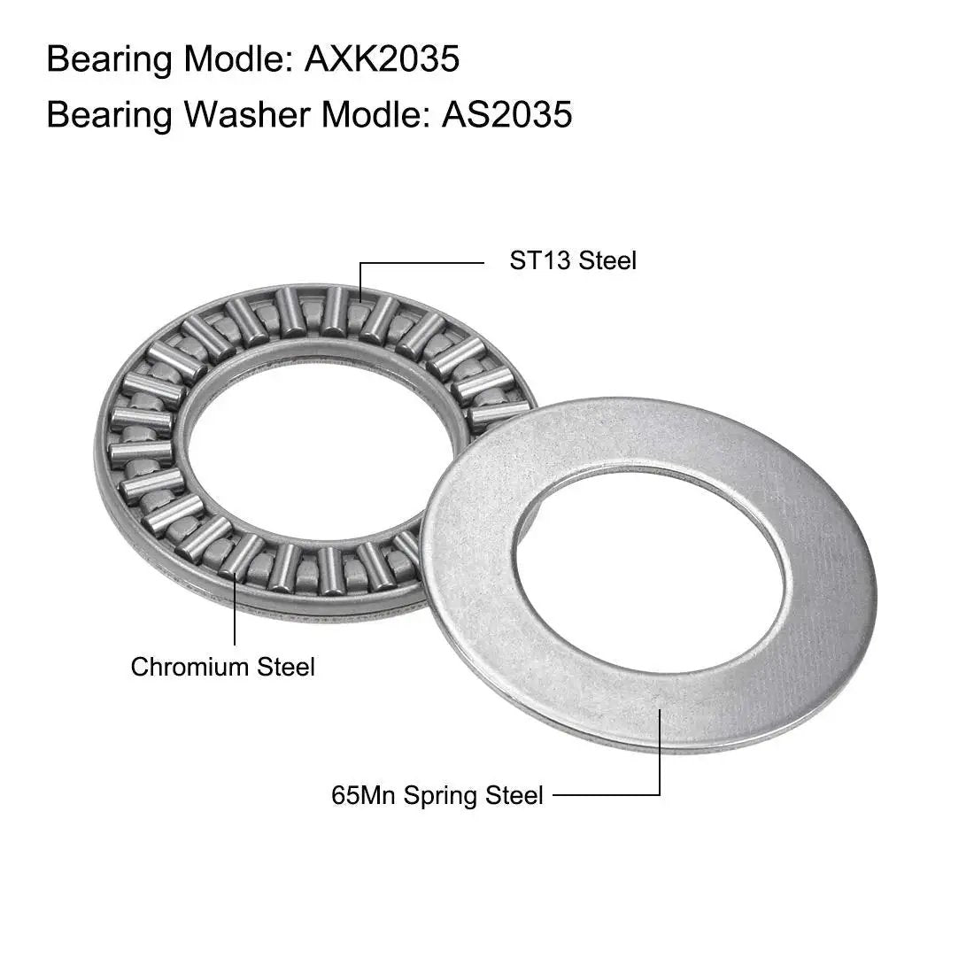 Thrust Needle Roller Bearing Set AXK2035 With Washers 20mm Bore 35mm OD 2mm Width showing components and materials.