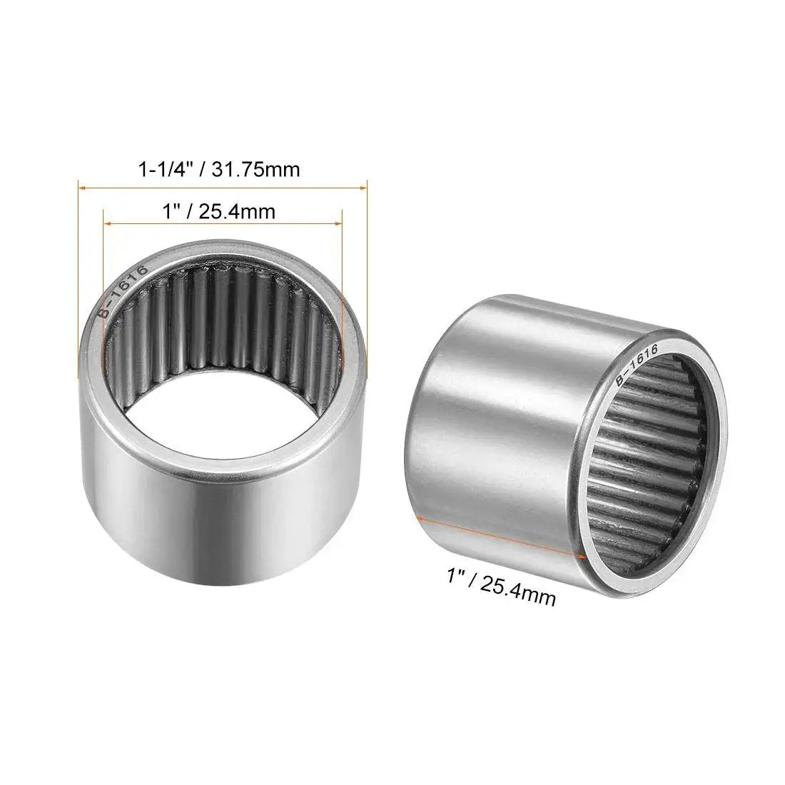 B1616 Needle Roller Bearing Open Cup Full Complement For Tight Spaces 1 Inch ID One And A Quarter Inch OD Heavy Duty 2 Pack