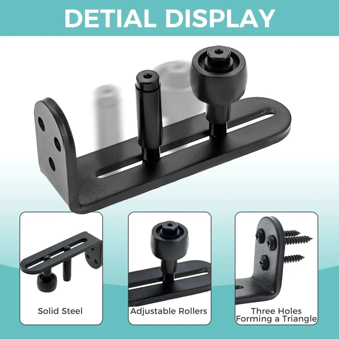 4 Pack Sliding Barn Door Floor Guides With Adjustable Rollers Flush Flat Bottom Design Solid Steel Construction Matte Black Finish Rust Resistant And Durable Hardware For Quiet Smooth Door Operation And Safe Tracking, close-up view showing solid steel with adjustable rollers and triangular hole design.