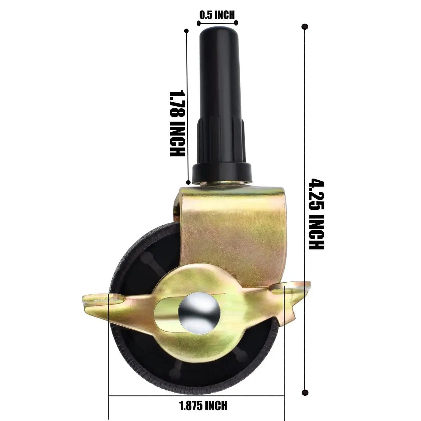 Front view of a Heavy Duty Bed Frame Caster with locking brake, showing 4.25-inch height, steel material, for carpet or hard floors.