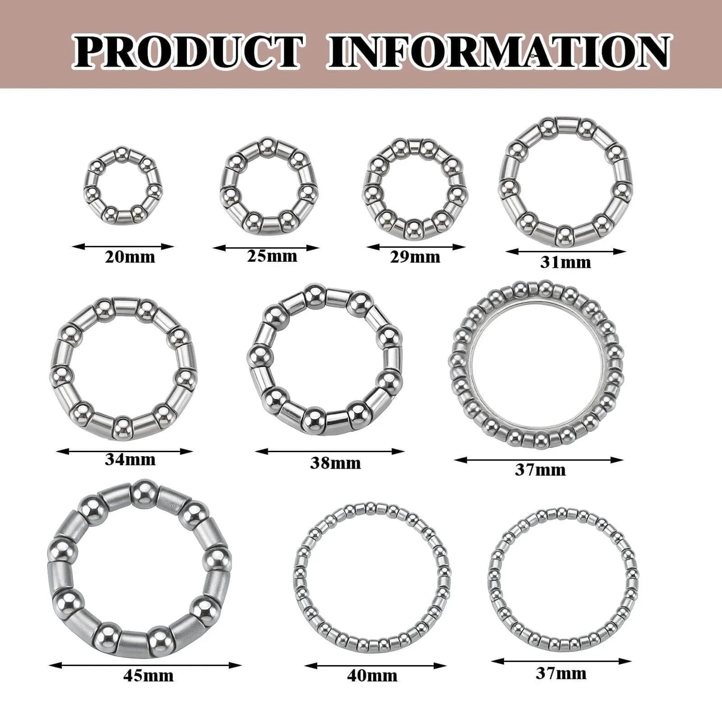 Display of bike bearings in various sizes from 20mm to 45mm for Five Sets Bike Bearing Kit With Fifty Bearings In Ten Sizes From 4mm To 8mm For Mountain And Road Bicycles Includes Headset Retainer And Crank Caged Wheels Universal Compatibility Repair Kit.