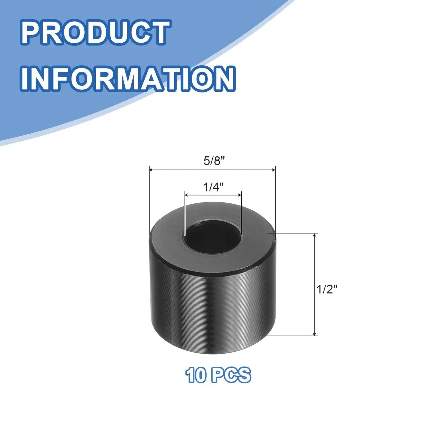 Ten Piece Aluminum Spacer Set One Quarter Inch Bore Five Eighths Inch OD One Half Inch Length Black Anodized Round Unthreaded Standoff Bushings For Do It Yourself Projects And Electronics Durable Corrosion Resistant visible as a single spacer with dimensions labeled.