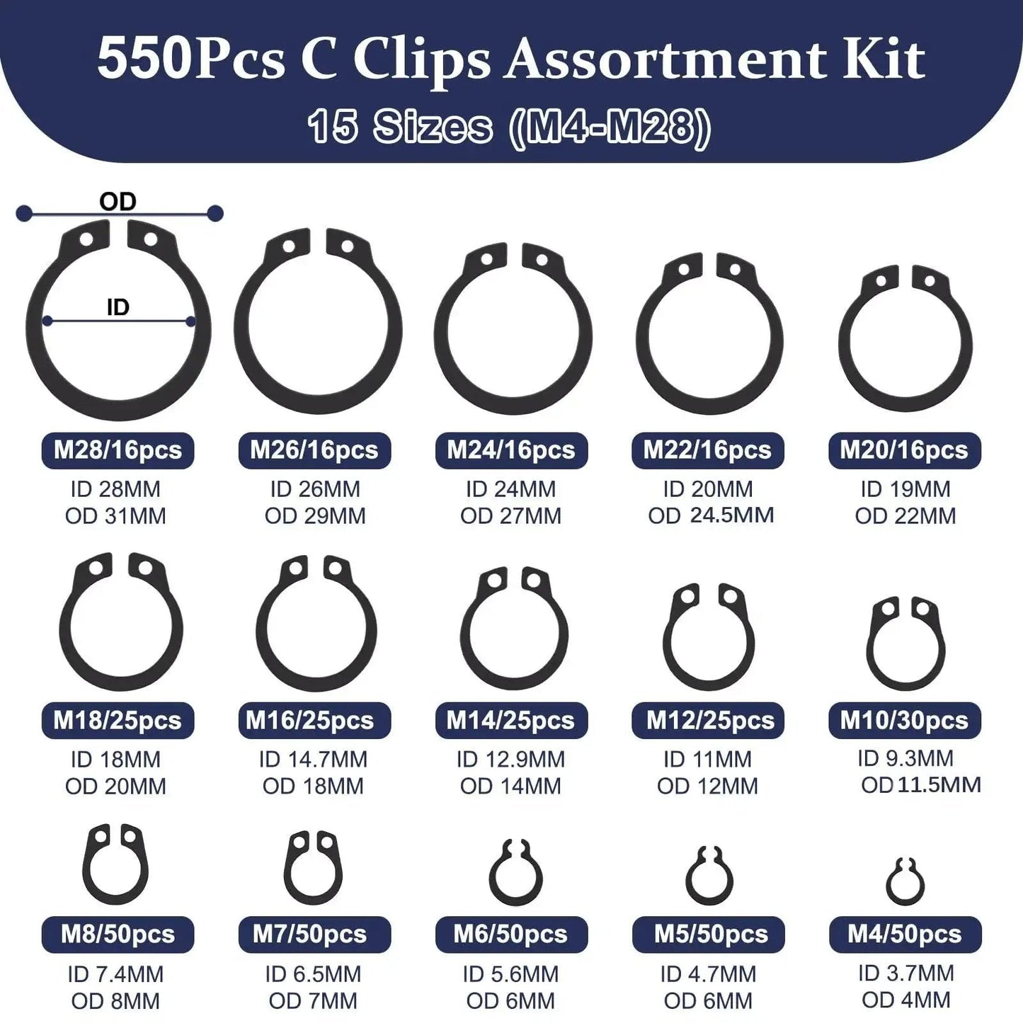 Ultimate C Clip Assortment Kit With 15 Sizes M4 To M28 In BlackCarbon Steel External Retaining Rings with sizes chart.
