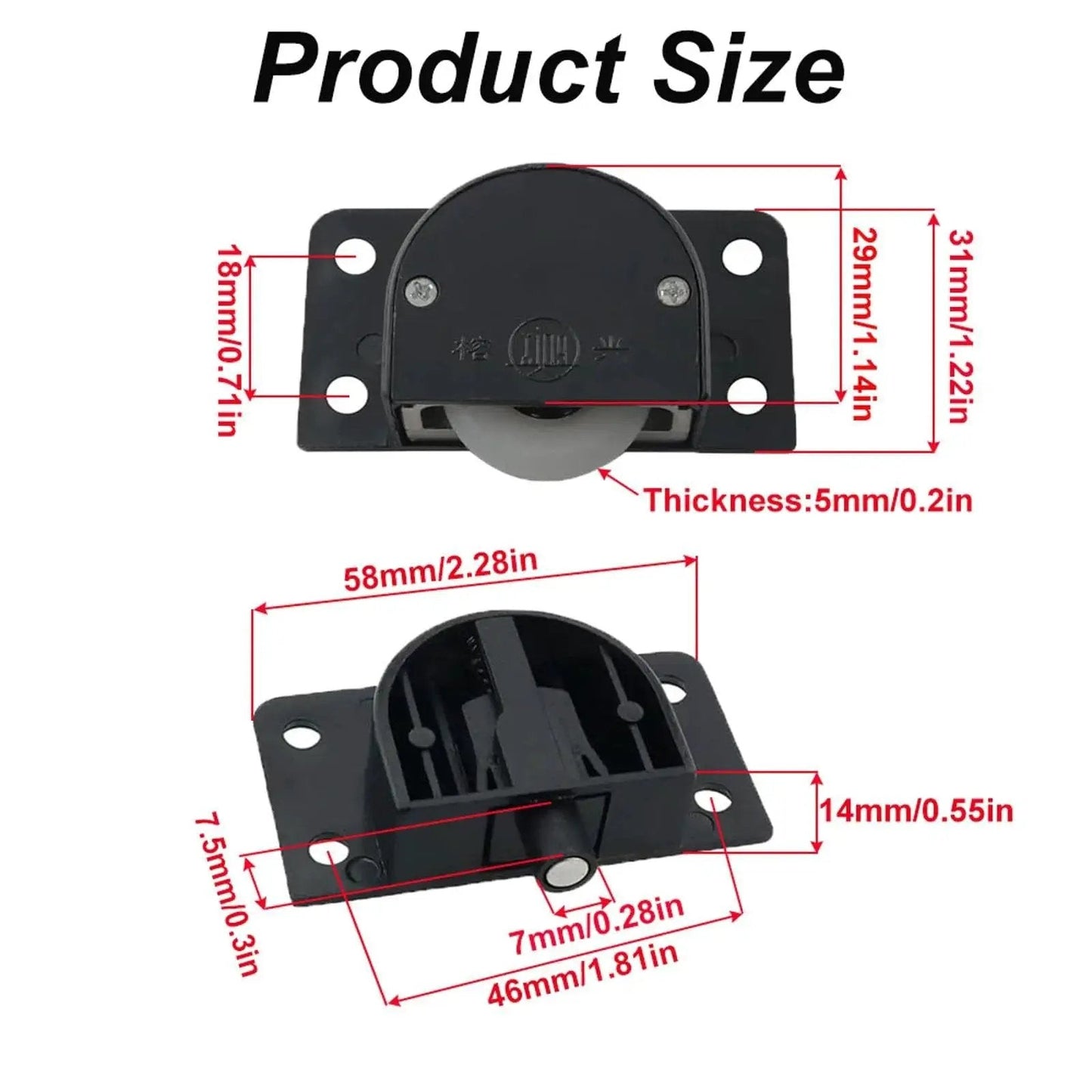2 Pieces Black Sliding Cabinet Hardware Kit For Wardrobes And Closets Mute Door Pulley Wheels with size measurements