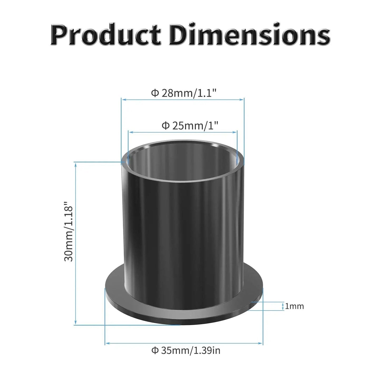 Dimensions of Four Pack POM Flanged Sleeve Bearings 25mm ID By 28mm OD By 30mm Length With 35mm Flange Diameter