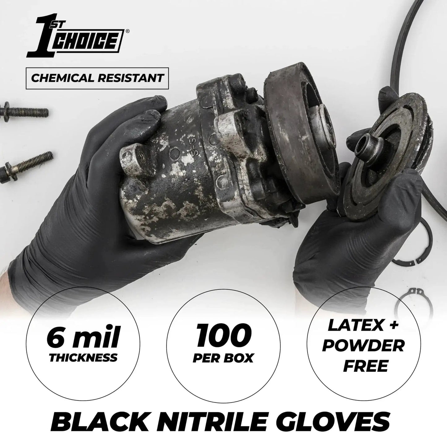 Hands wearing Black Nitrile Gloves 6 Mil Latex Free Powder Free Mechanics Automotive XL working with automotive parts.