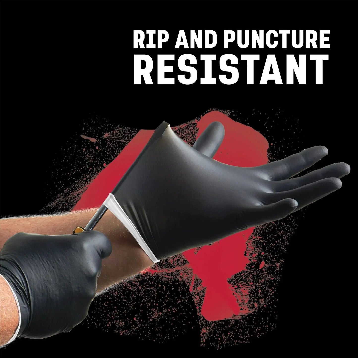 Chemical Resistant Black Nitrile Gloves Two Layer Protection 6 Mil Powder Free, showing knife testing puncture resistance