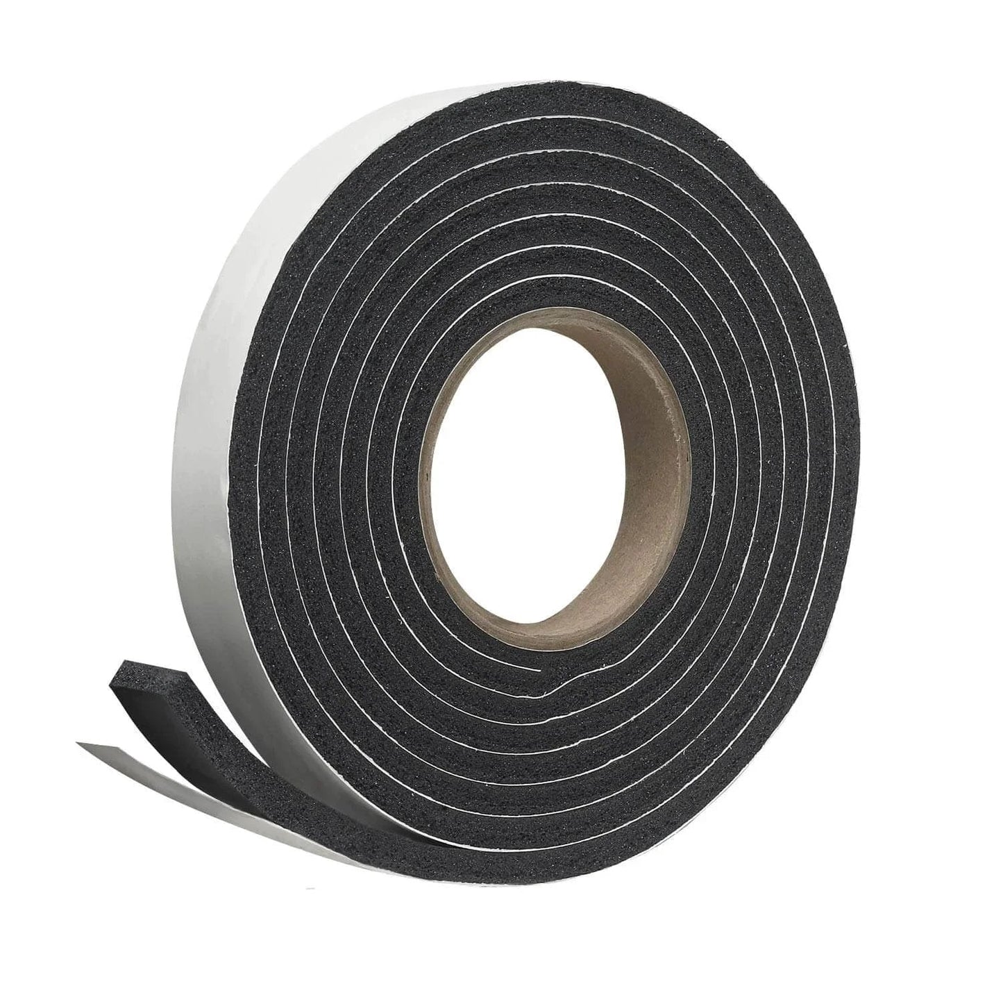 Roll of Self-Stick Rubber Foam Weatherseal, 3/8"W, 3/16"T, Black showing sponge texture and adhesive backing.