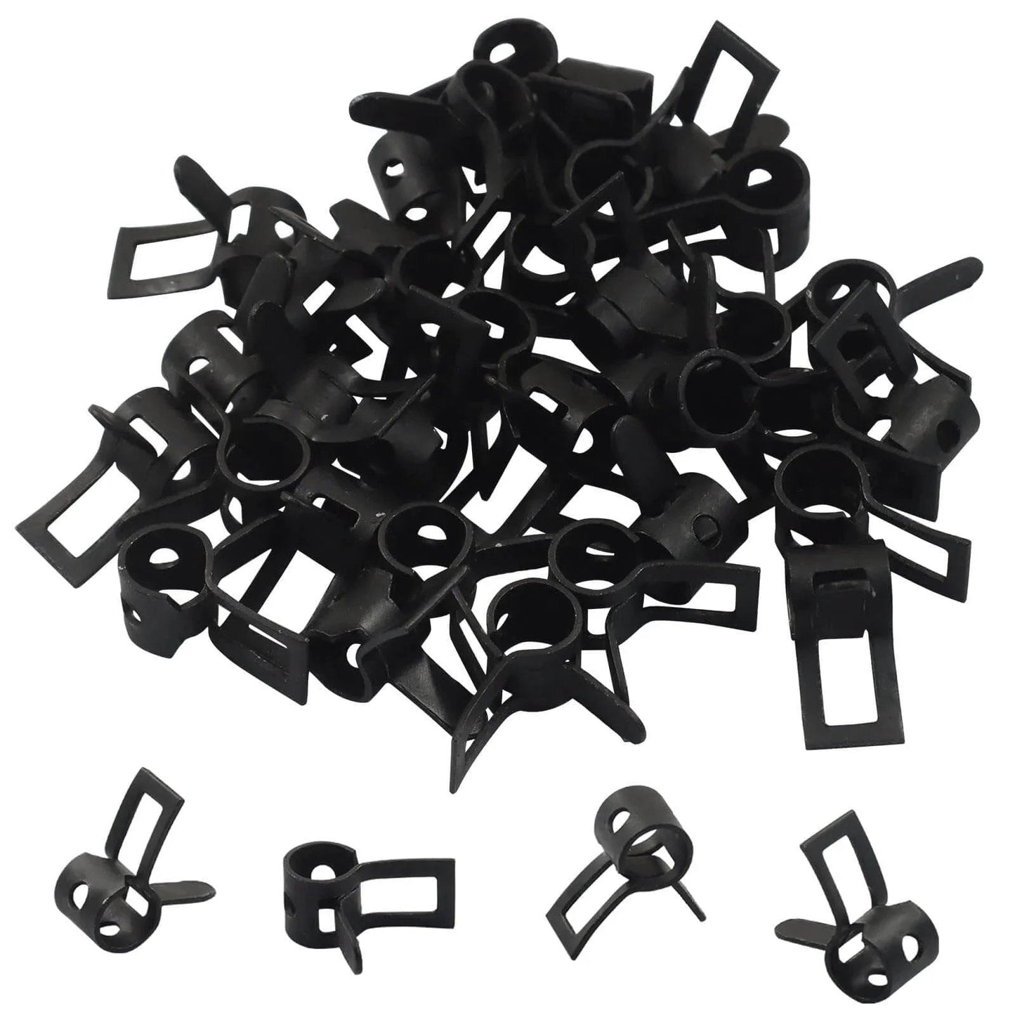 40 Pcs 5mm Spring Band Type Clamps Set For Fuel Line Hose Low Pressure Air Tube Water Pipe And Silicone Hose Fits Five To Five Point Eight Millimeter Outer Diameter Durable Rust Resistant 65Mn Manganese Steel Construction Ideal For Auto And Marine Use. Image showing a set of black metal clamps.