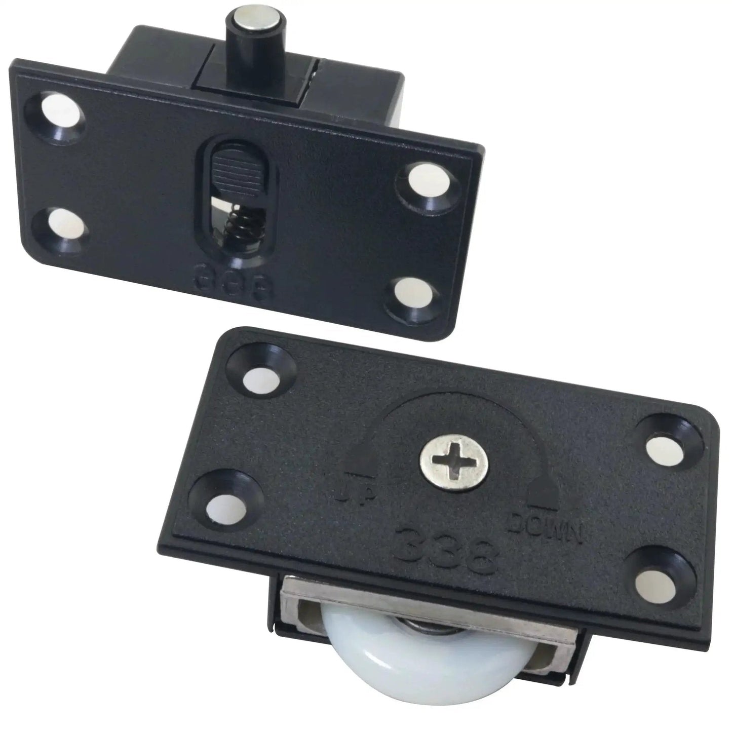 Close-up of Black Wardrobe Sliding Door Wheel Kit With Screws Silent Nylon Rollers For Quiet Closet Track Hardware