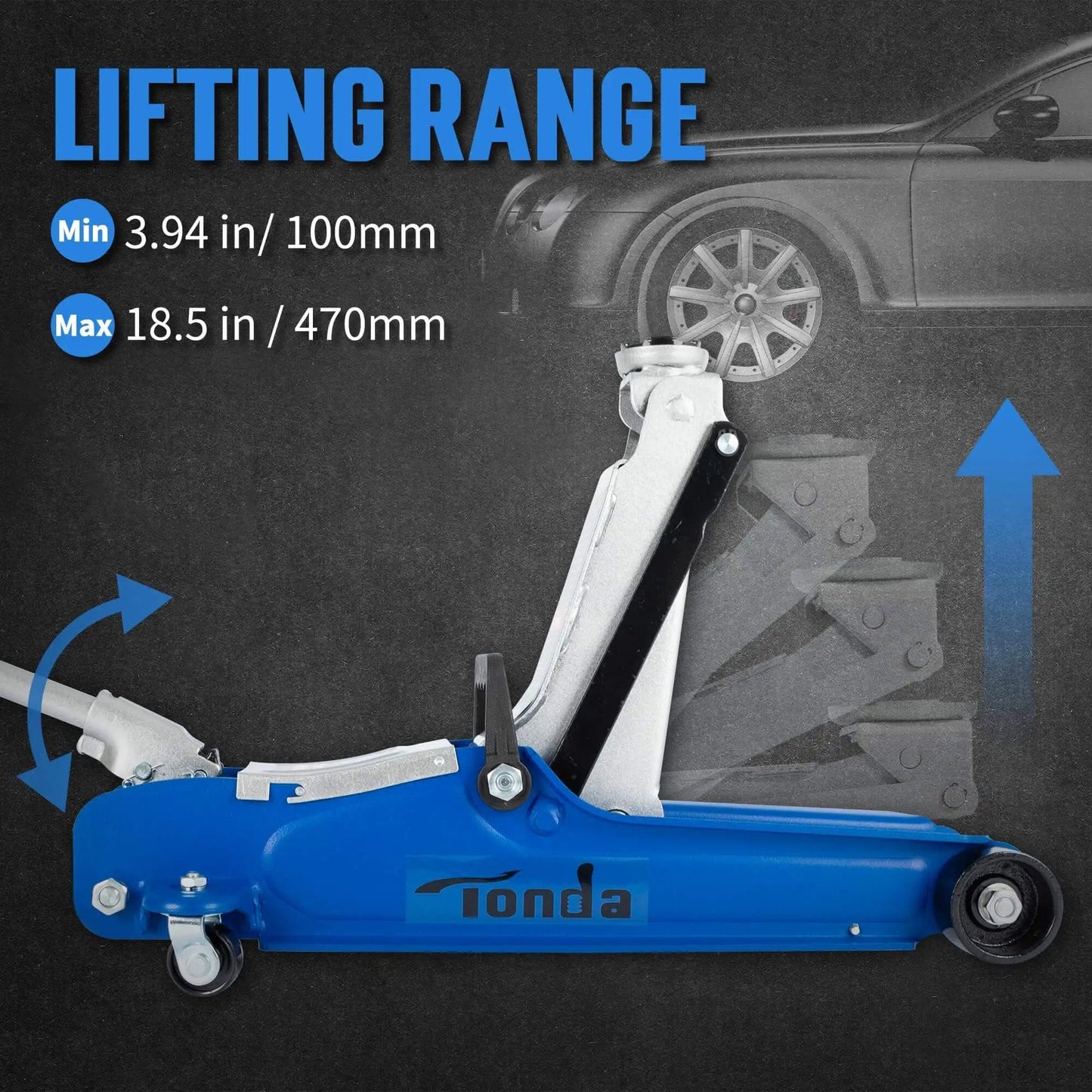 Side view of Low Profile 2.5 Ton Hydraulic Floor Car Jack For Cars And SUVs With Lifting Range From 3.35 Inches To 14.57 Inches Built In Heavy Duty Steel For Home Garage Shop Use Blue By Tonda, showing lifting process and dimensions.