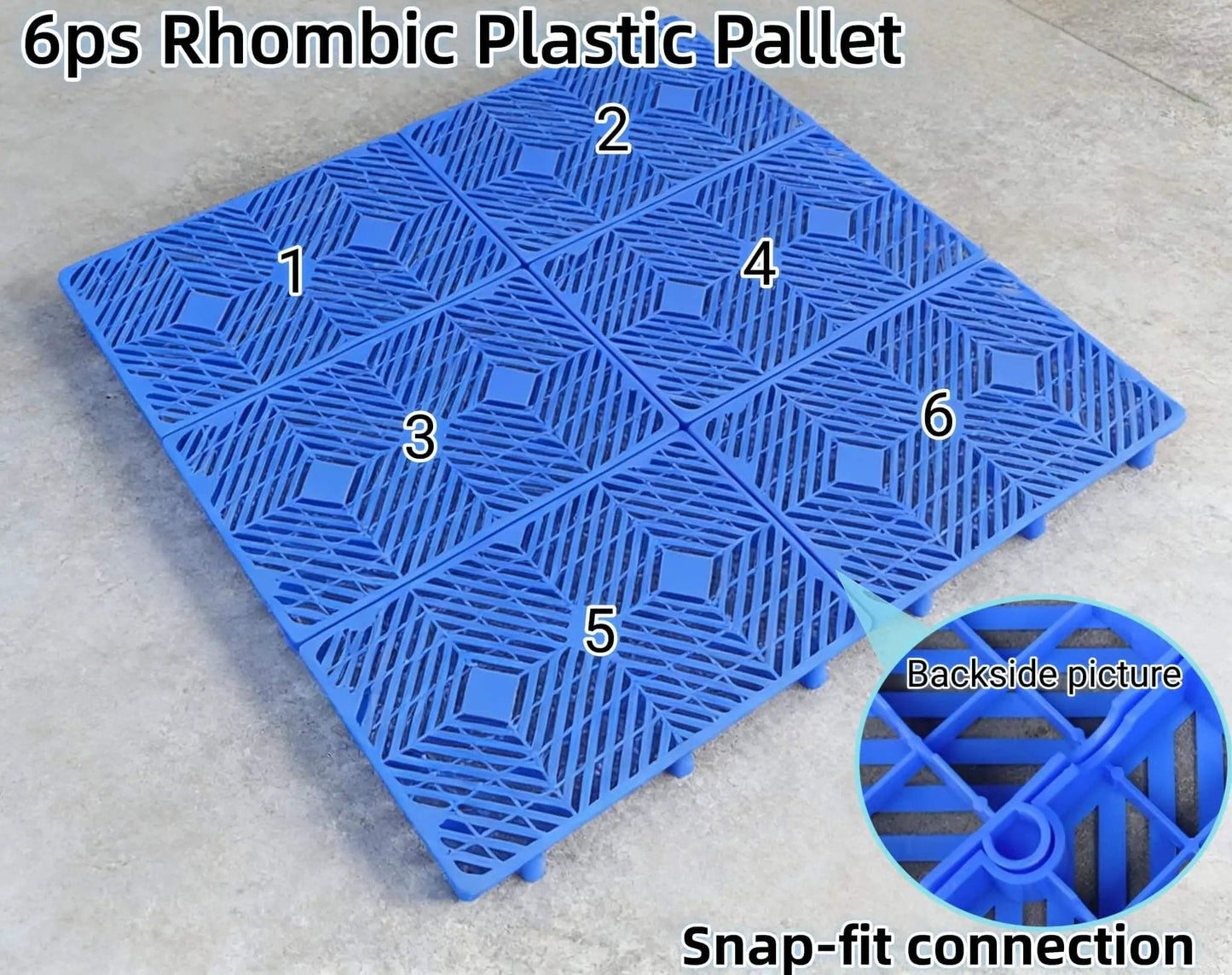 6-Piece Rhombic Plastic Pallet With Breathable Grid Ventilation For Interlocking Splice, textured blue surface, snap-fit connection