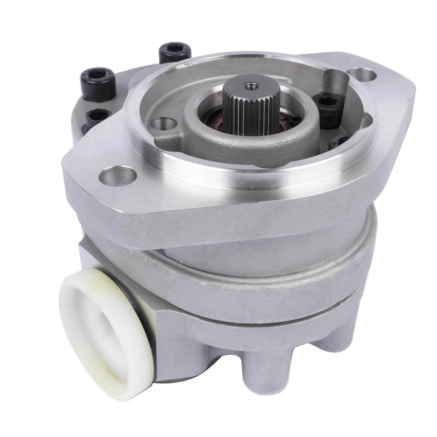 Getanye Hydraulic Gear Pump 7000311 Replacement for Bobcat S70 Skid Loader, front view silver metal pump with fittings