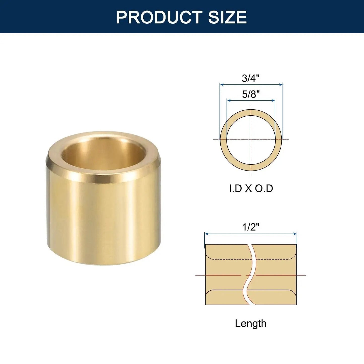 Product size diagram of brass sleeve bearing, 1/2" bore, 3/4" outer diameter, 1/2" length, self-lubricating bushing, two pack.