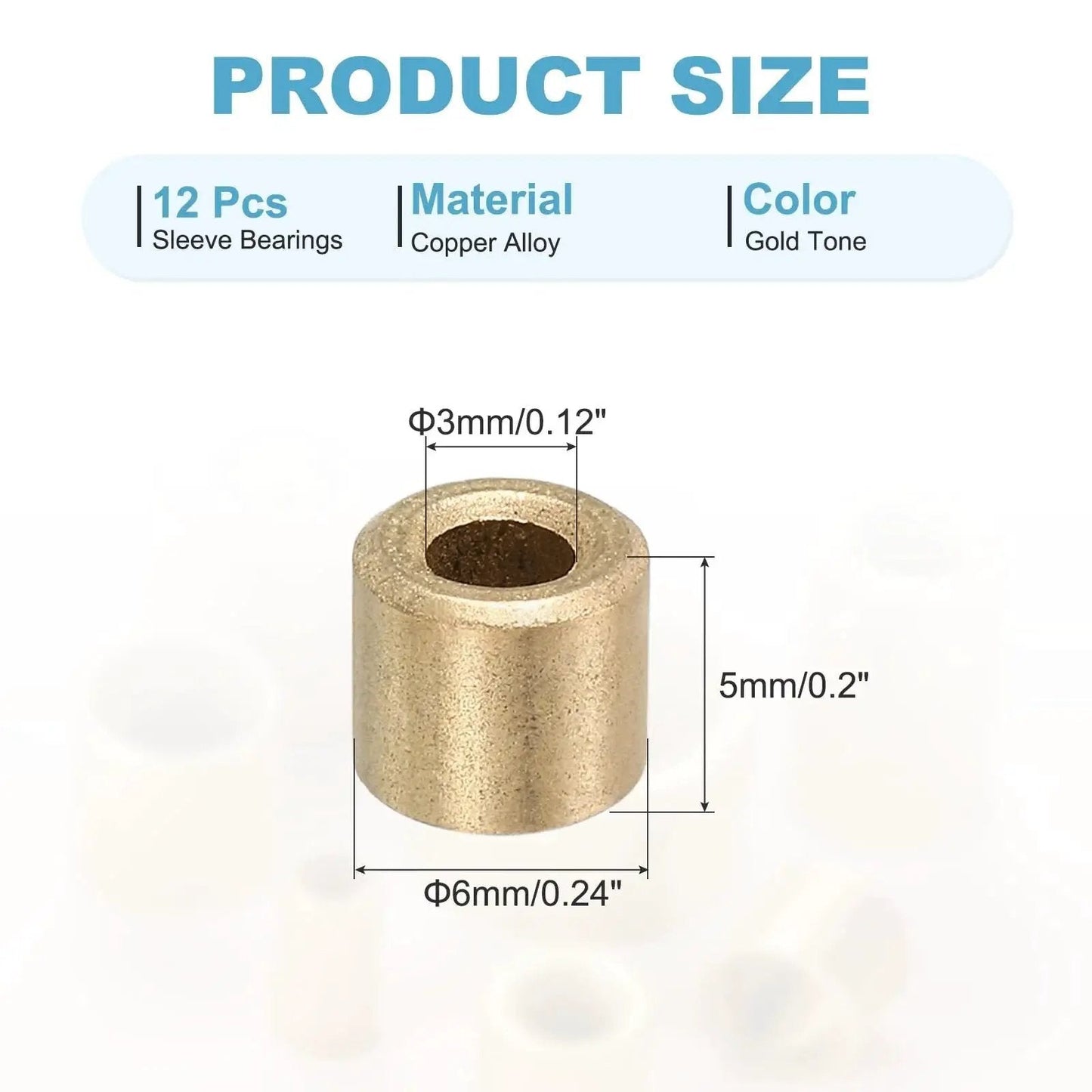 Sleeve Bearings 3mm Bore 6mm OD 5mm Length Self Lubricating Cast Brass Bushing Gold Tone Pack of 12 with dimensions.