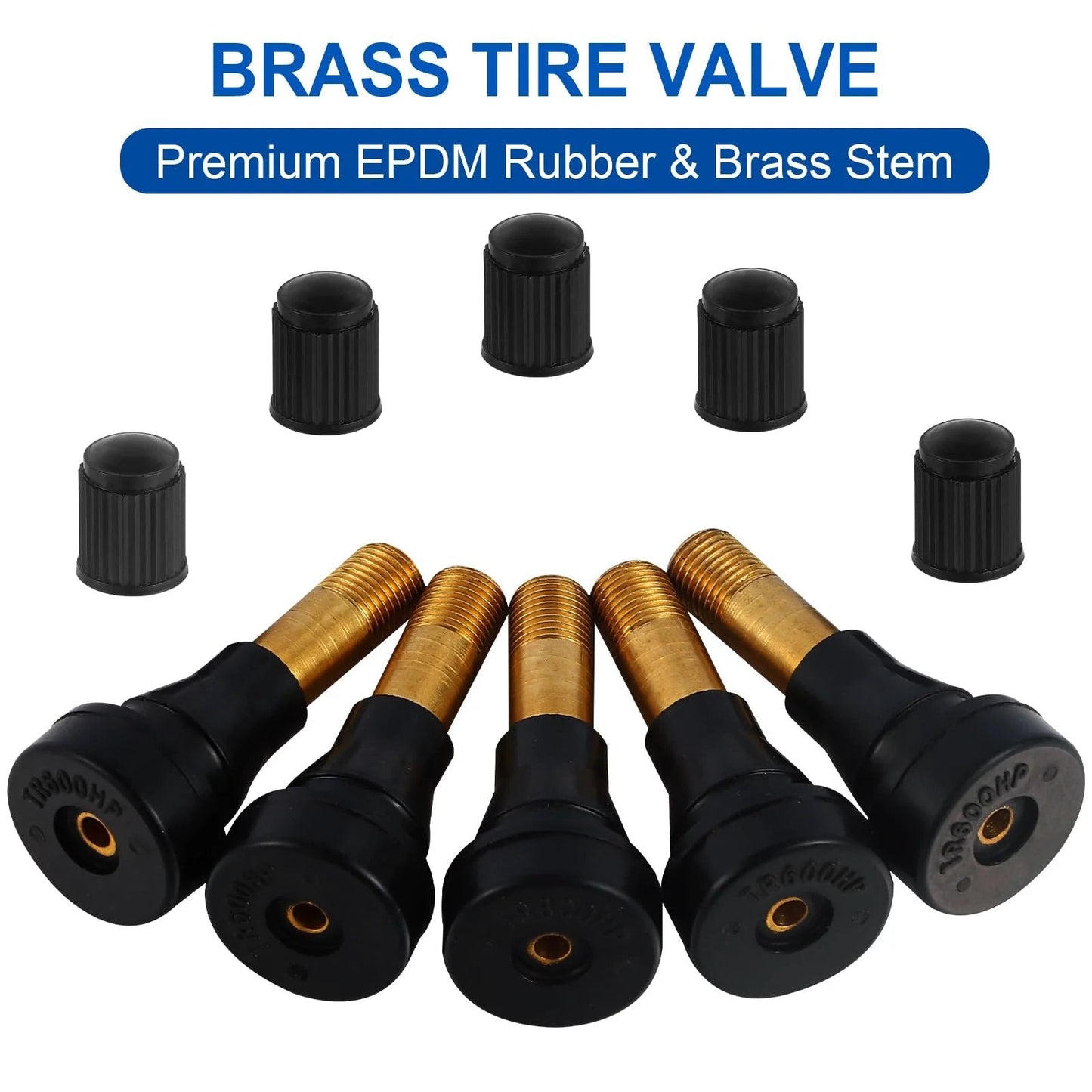 Premium TR600HP Snapin High Pressure Tire Valve Stems For 0.453 Inch Tubeless Rim Holes 1.71 Inch Length Brass And EPDM Rubber Ozone And Leak Tested Universal US Standard Fit Pack Of 5 visible from front, showcasing brass stems and rubber bases.