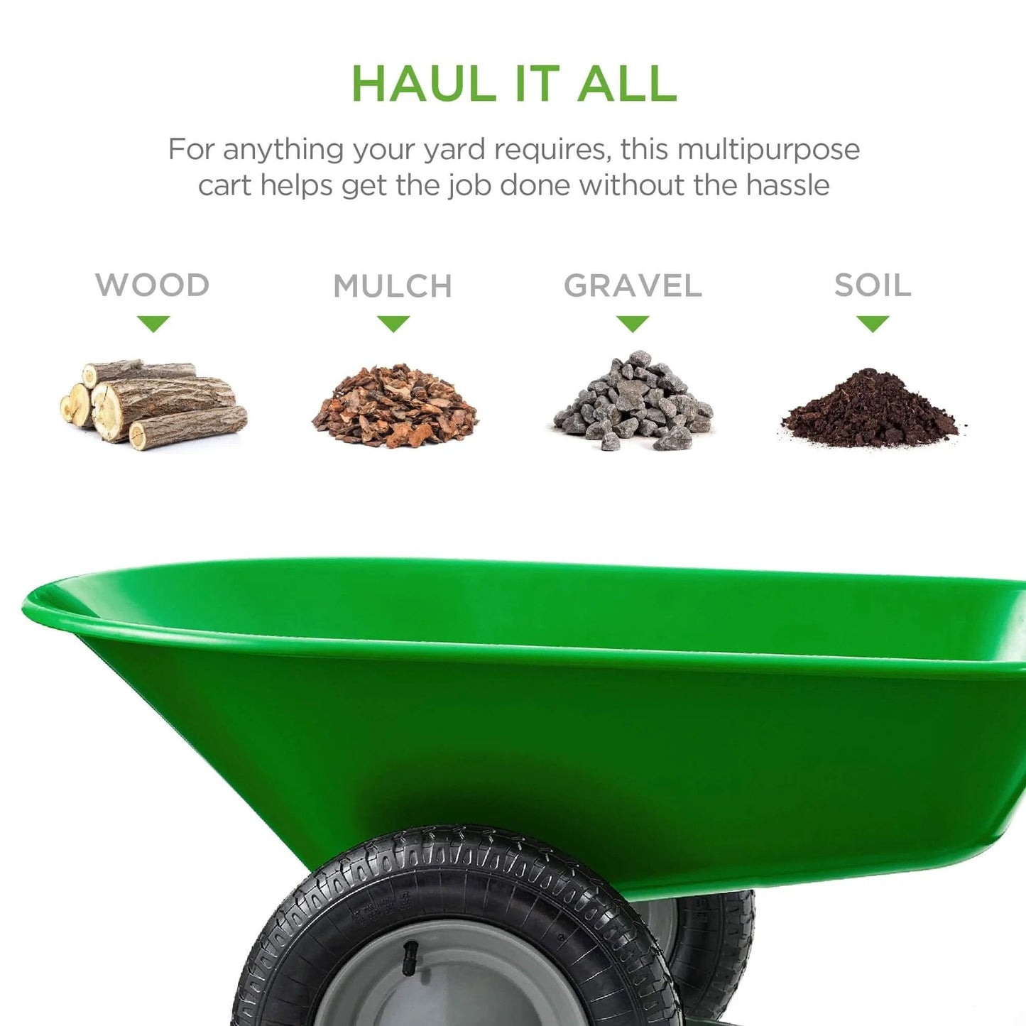 Bright green Dual Wheel Home Utility Yard Wheelbarrow Garden Cart with Built In Stand for carrying wood, mulch, gravel, soil.