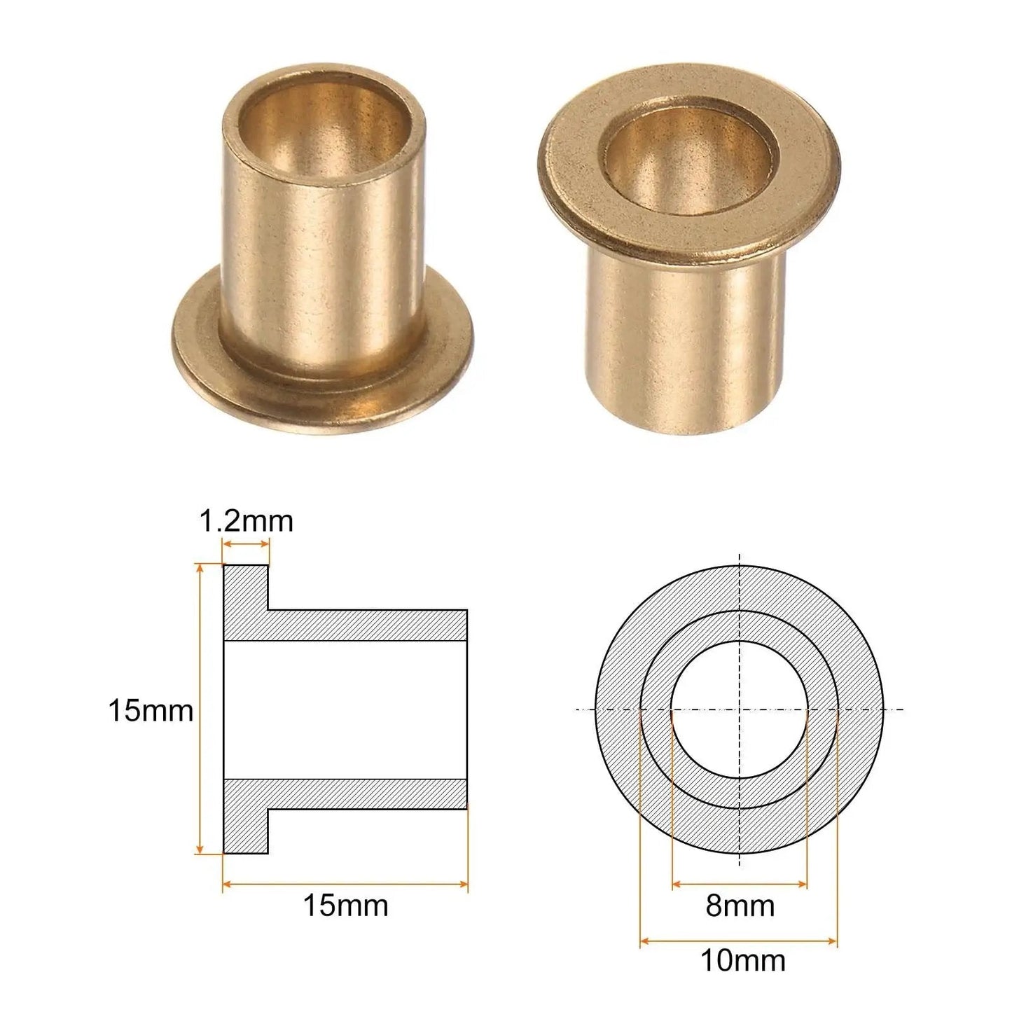 2 Pieces Flange Bearing Sleeve Bronze Self Lubricating 8mm Bore 10mm OD 15mm Length Flange Diameter 15mm Diagram View