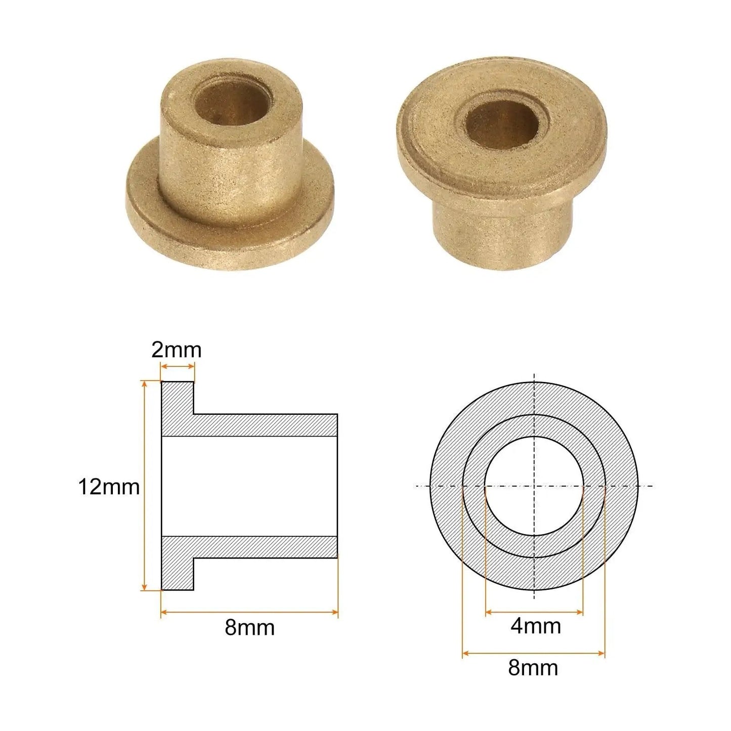 Self Lubricating Bronze Flange Bearing Sleeve Kit 8 Piece 4mm Bore 8mm OD 8mm Length 2mm Flange Thickness 12mm Flange Diameter Bronze Bushing