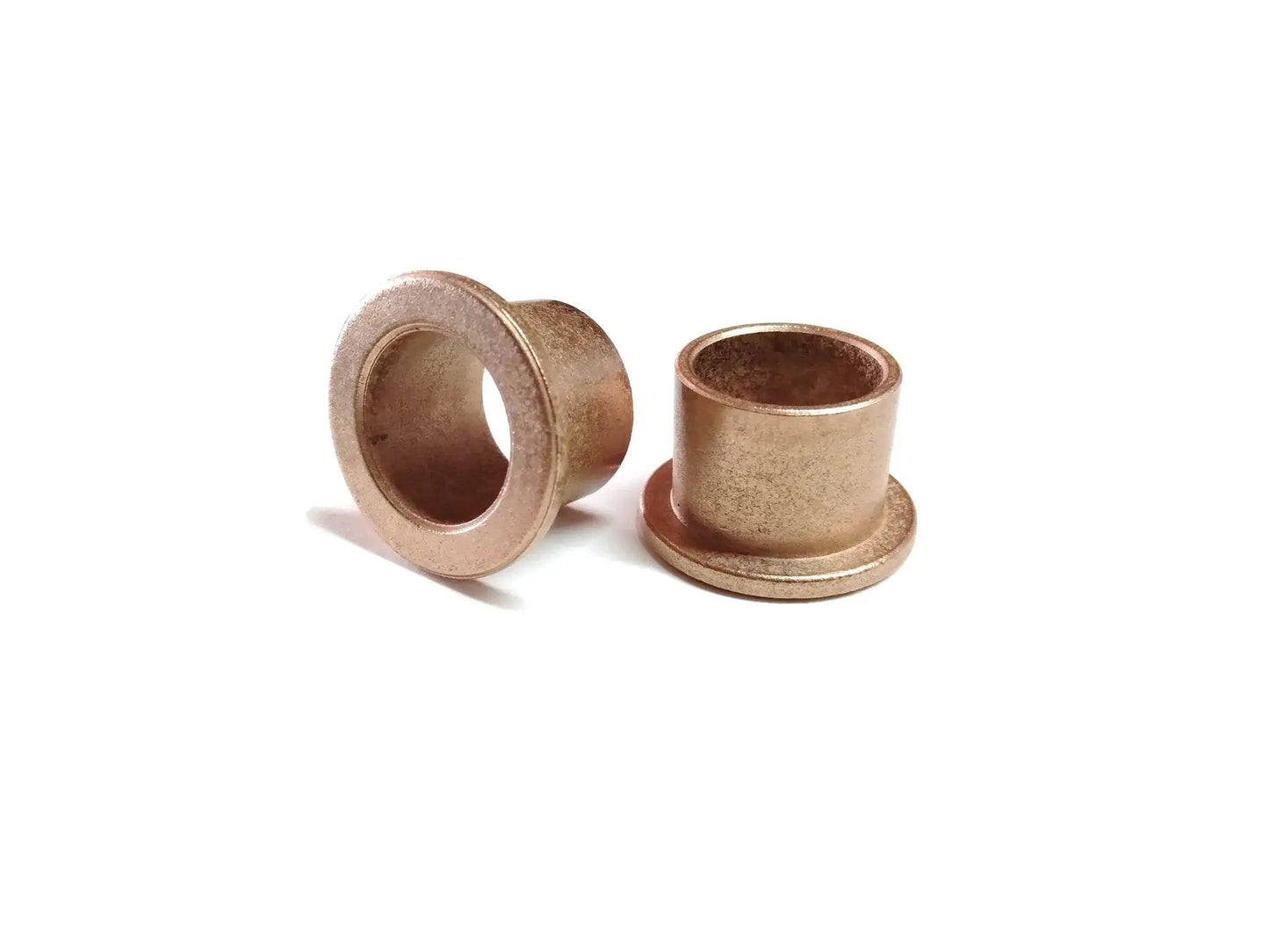 Self Lubricating Bronze Sleeve Bearing With Flange 0.627 Inch ID 0.753 Inch OD side view two-pack on white background