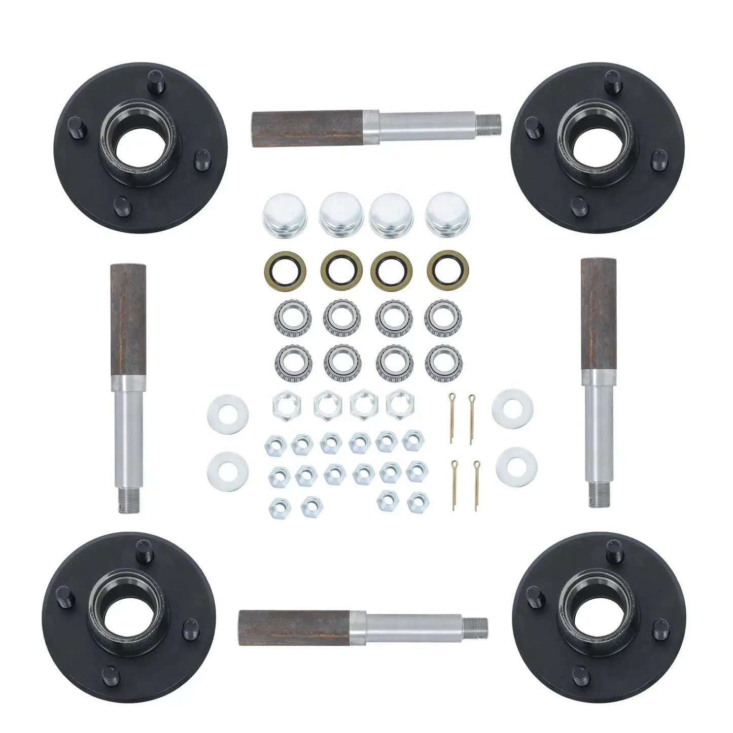 Set Of Four Trailer Hub Kit For BT8 Spindle With 4 On 4 Inch And 1 Inch Round Hubs And Bearing Kit Marine Grade Stainless Steel