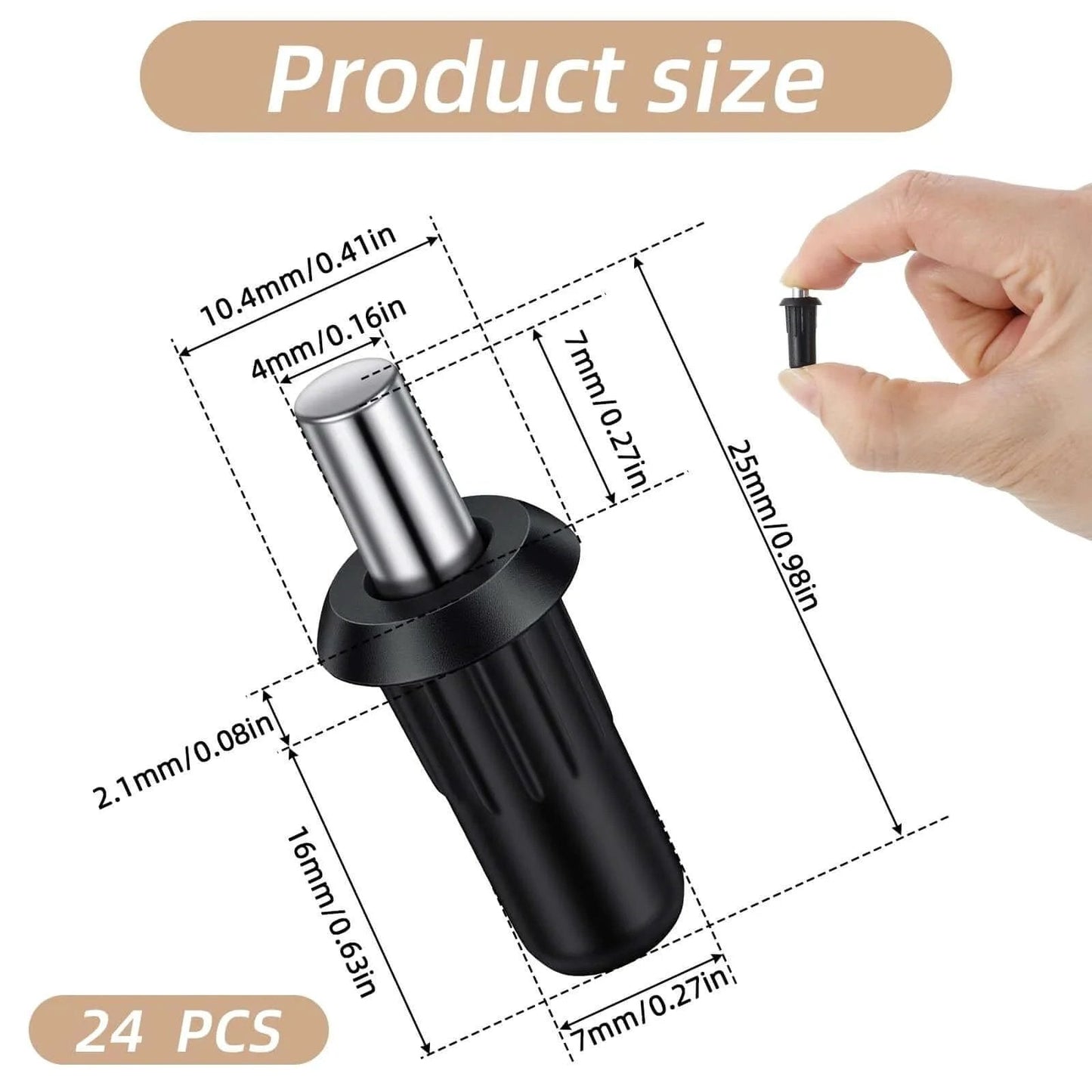Close-up of 24pcs Cabinet Door Repair Pin, spring loaded, telescopic design, black, with hand holding pin, dimensions shown.