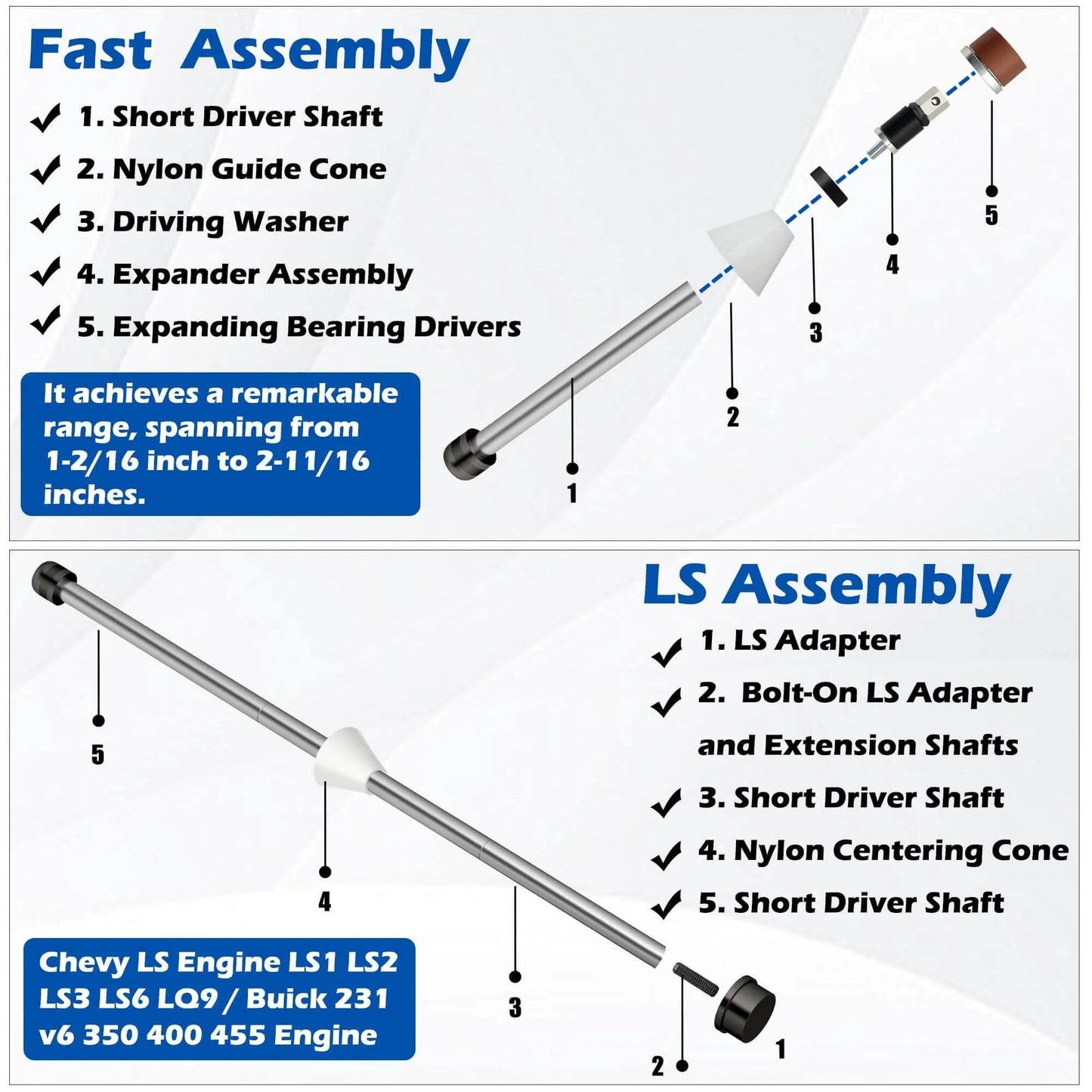 Cam Bearing Install Tool & Engine Cam Bearing Remove Kit Complete Installation & Removal Chevy LS Engine diagram showing assembly instructions