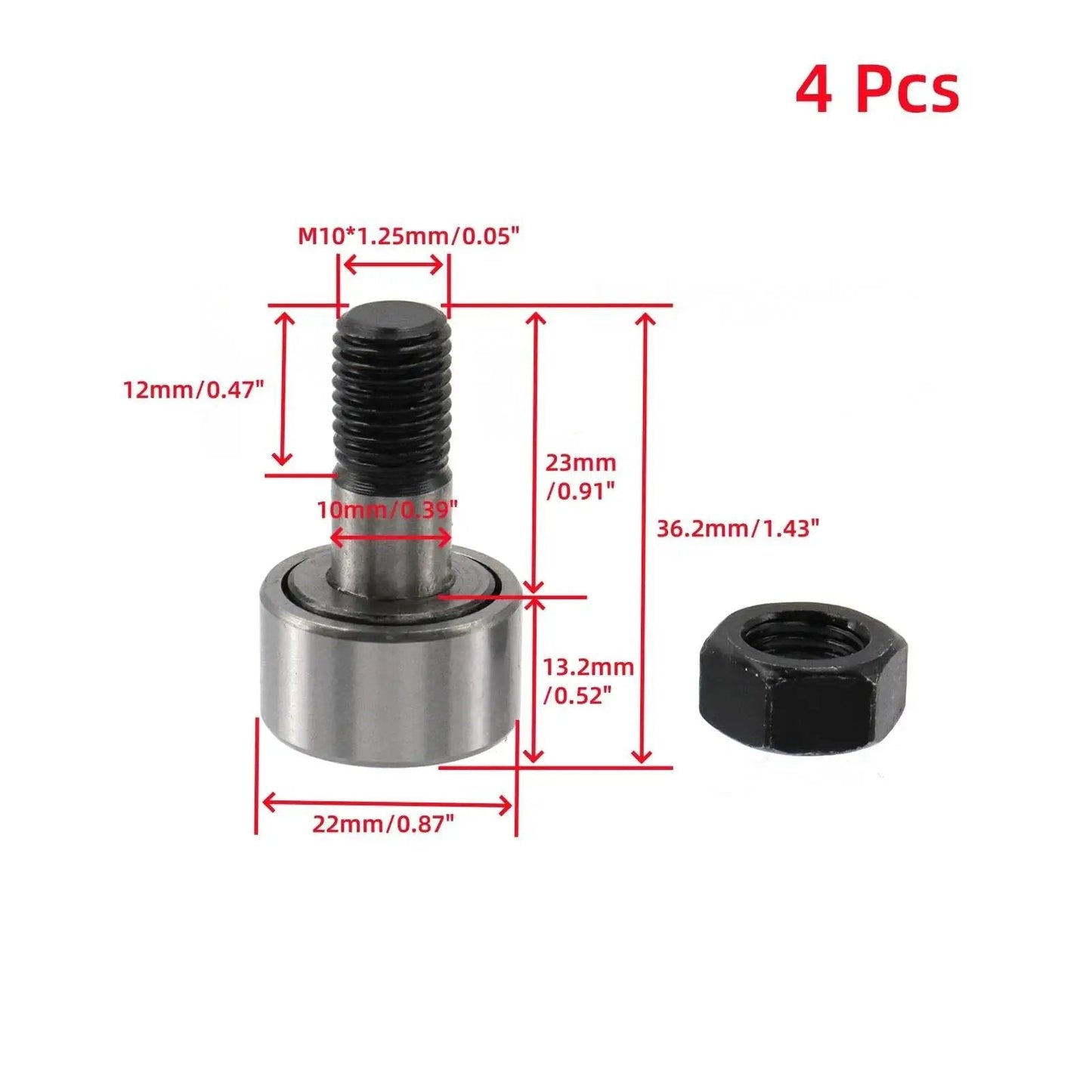 4 Pack Cam Follower Bearings Set For Track Runner KR22 Type Needle Roller, M10 x 1.25mm, 22mm Roller Diameter, Steel, Oedema Brand