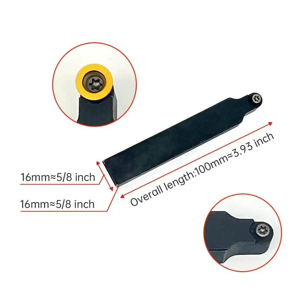 Indexable Carbide Turning Inserts Kit With Five Eighth Inch 16mm Shank Tool Holder For Metal Lathe And CNC Milling Pro Grade Cutting Set Including RPMT10T3MO SRDPN1616H10 Ten Inserts And One Wrench, showing tool holder.