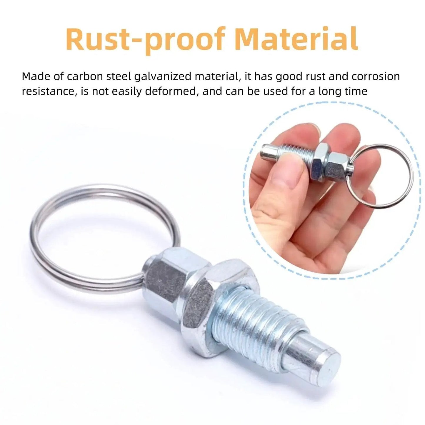 Carbon Steel Pull Ring Indexing Plungers Set Of Six With Retractable Spring Mechanism and Quick Release Pins shown close-up.