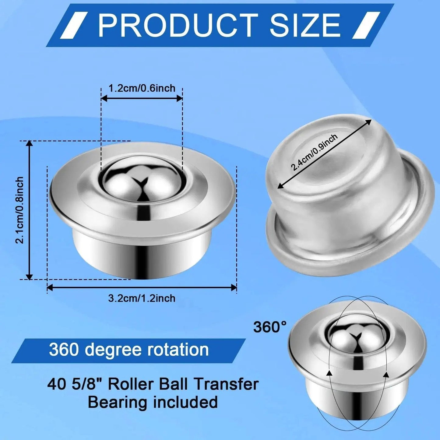 Diagram showing Bulk Forty Pack Five Eighths Inch Roller Ball Transfer Bearings In Carbon Steel with size and rotation details.