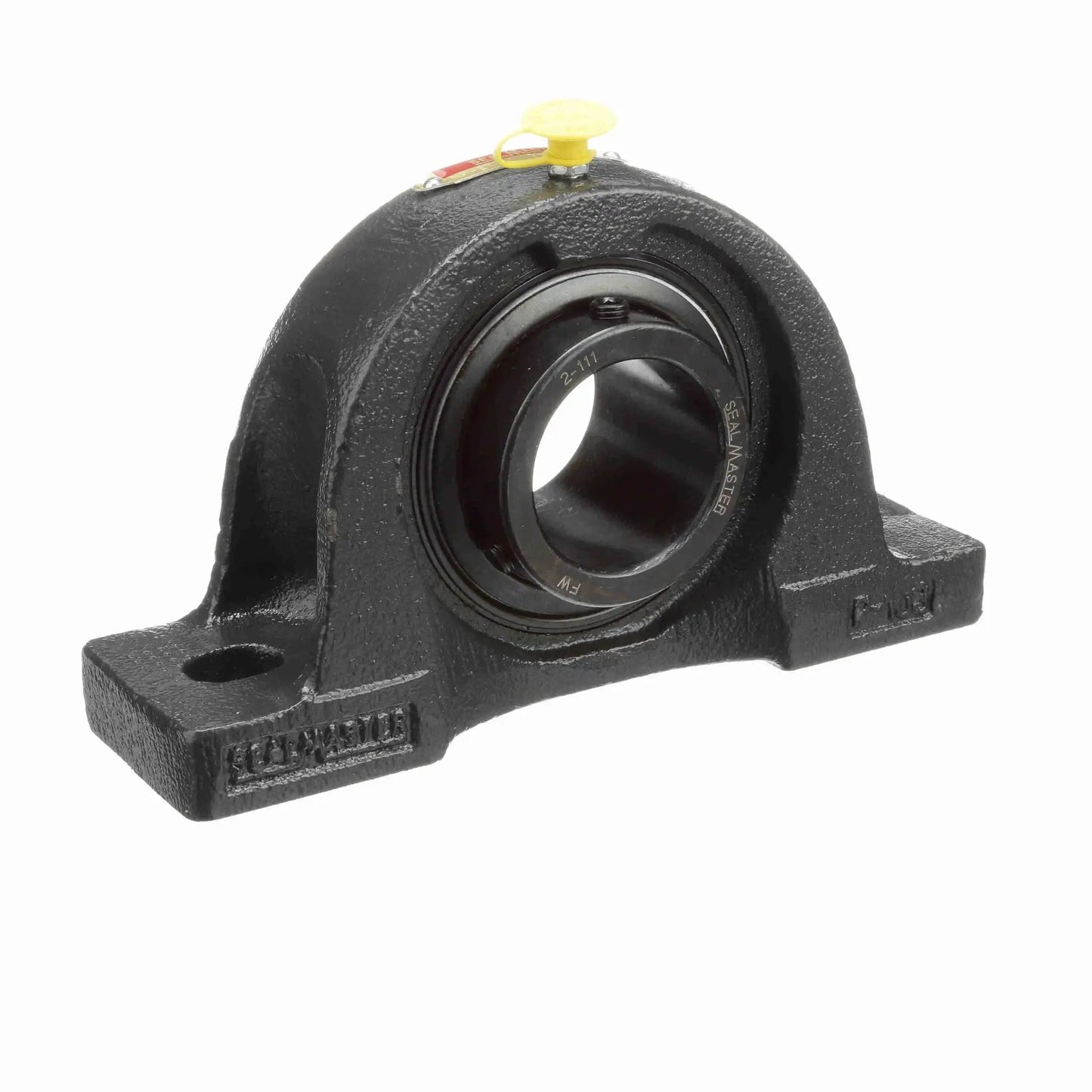 Mounted Cast Iron Two Bolt Pillow Block Bearing NP 27 With Setscrew Lock Sealmaster, black oxide finish, front view