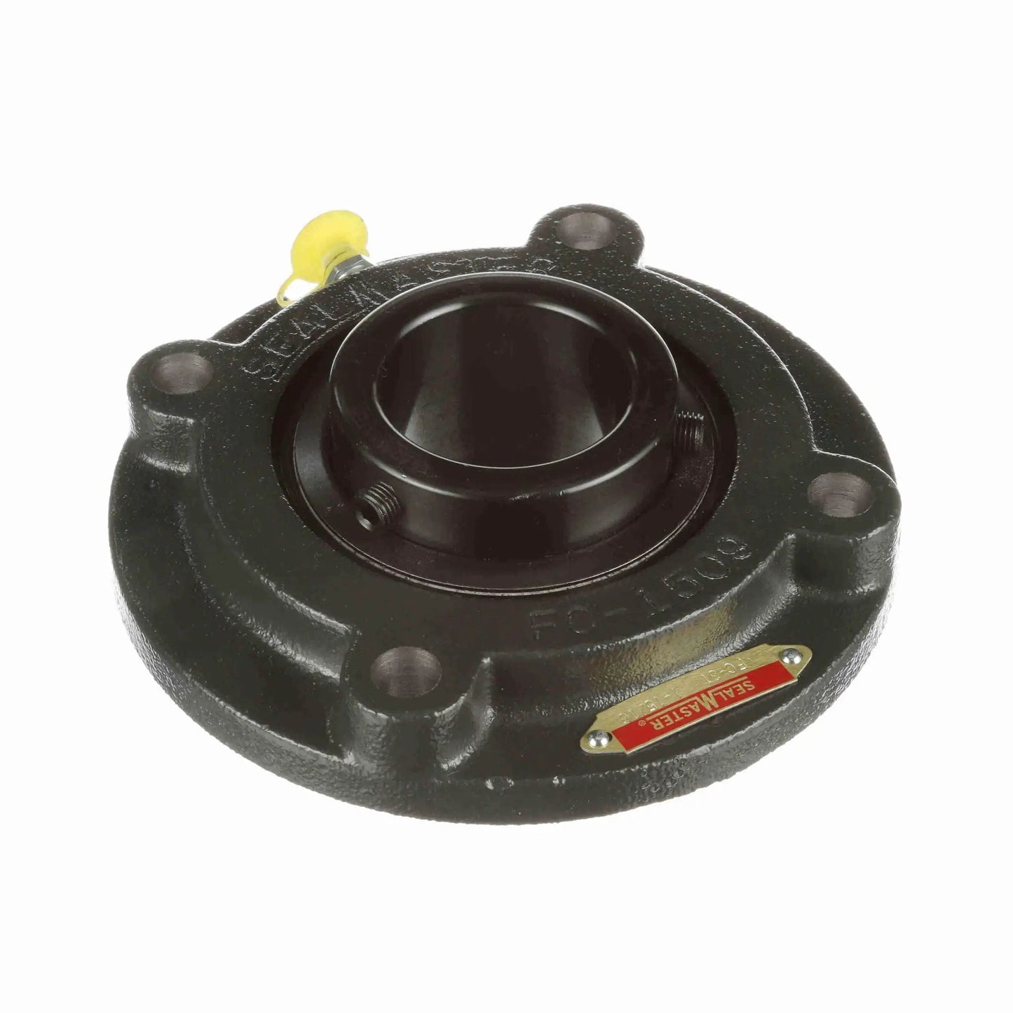 Close-up of High-load mounted bearing solution featuring Sealmaster MFC-31 HT flange cartridge ball bearing with black oxide finish.