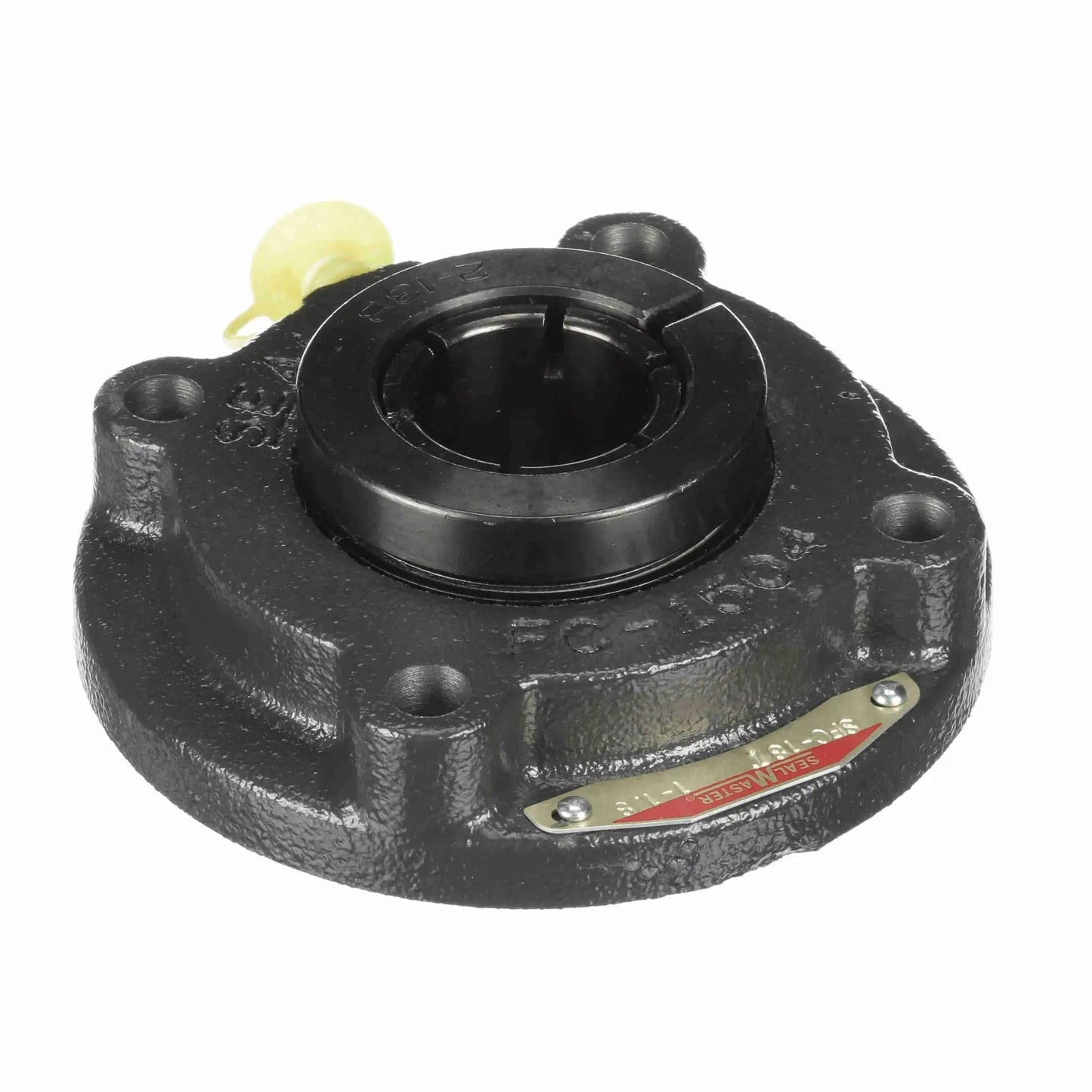 Mounted Cast Iron Flange Cartridge Ball Bearing Steel Sealmaster SFC 23TX Black Oxided Concentric Lock front view.
