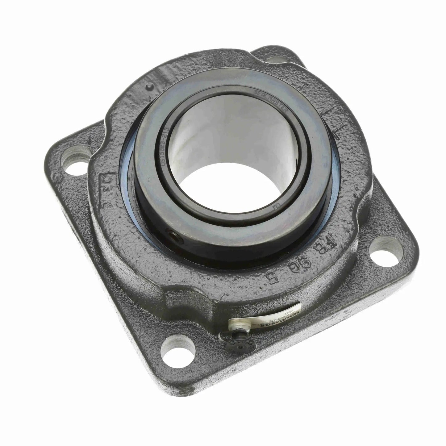 Durable Sealmaster USFB5000-215 four-bolt flange spherical roller bearing in cast iron housing, front view.