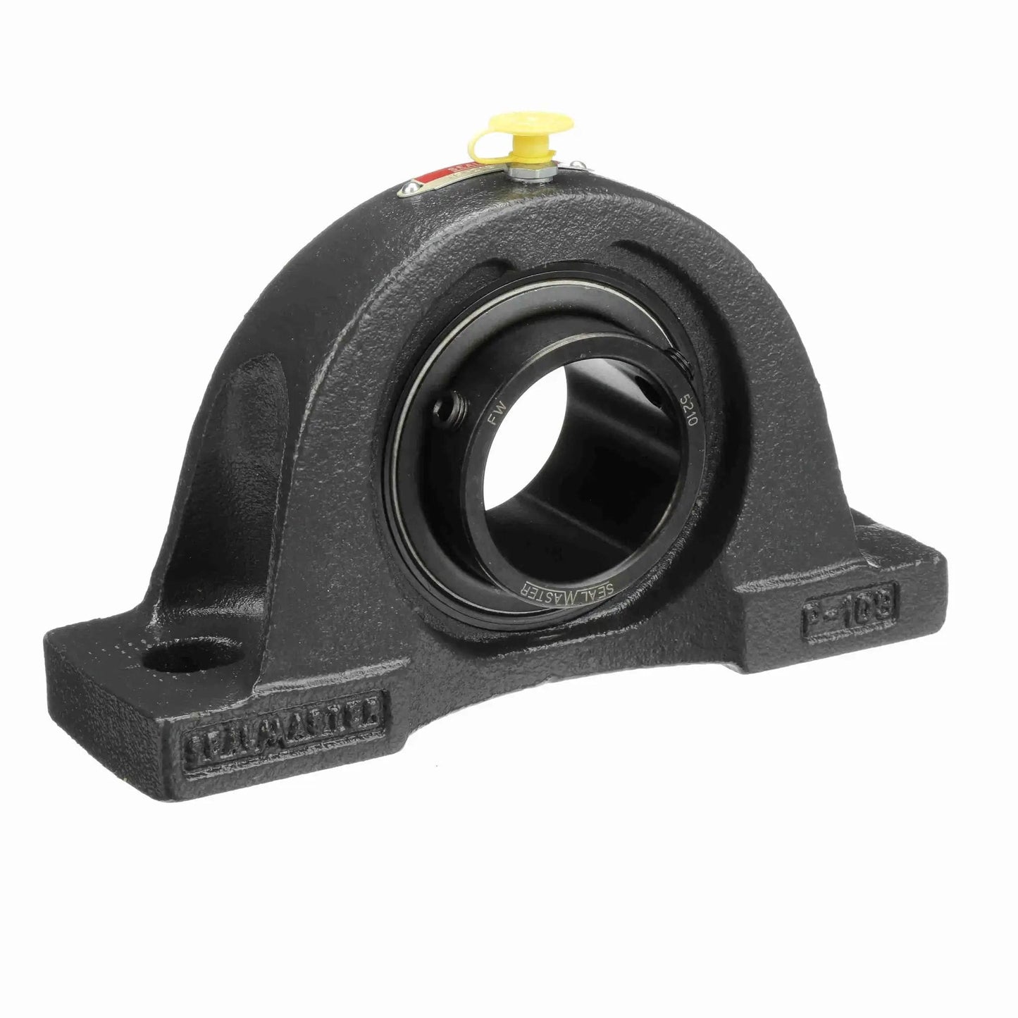 Front view of Mounted Cast Iron Two Bolt Pillow Block Ball Bearing NP-210 Sealmaster with setscrew lock and steel housing.