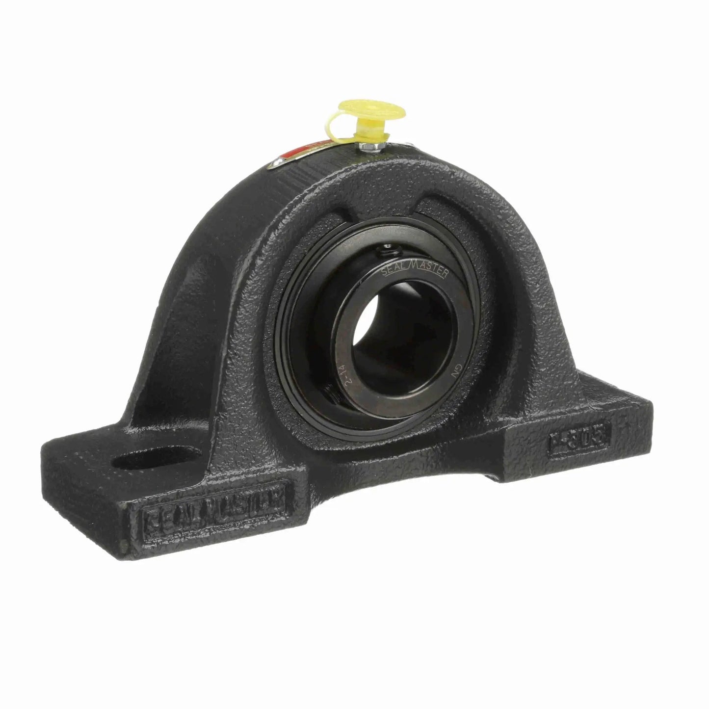 Robust mounted pillow block bearing in solid cast iron with two-bolt base, front view, suitable for normal to medium duty applications.