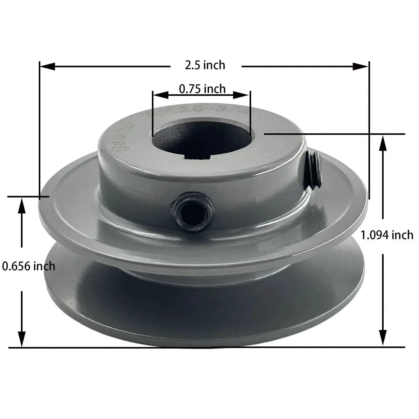 Three Quarter Inch Bore V Belt Pulley With Two Point Five Inch Outer Diameter One Groove Cast Iron Motor Pulley For A 3L And 4L V Belts Not For Toothed Belts AK2534 Style with measurements