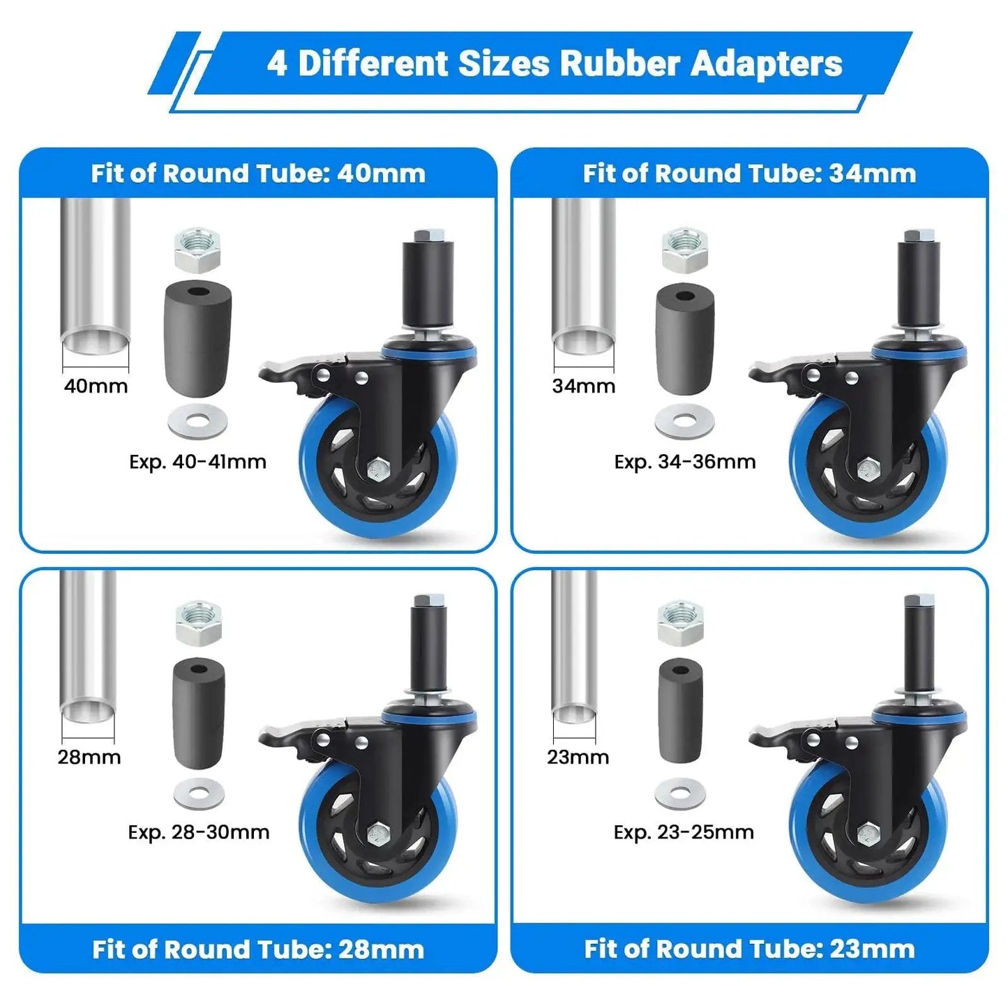 4 Inch Prep Table Caster Set Of 4 With Swivel Expanding Stem And Brakes For Stainless Steel Tables And Carts, showing rubber adapters in different sizes for tube fitting.