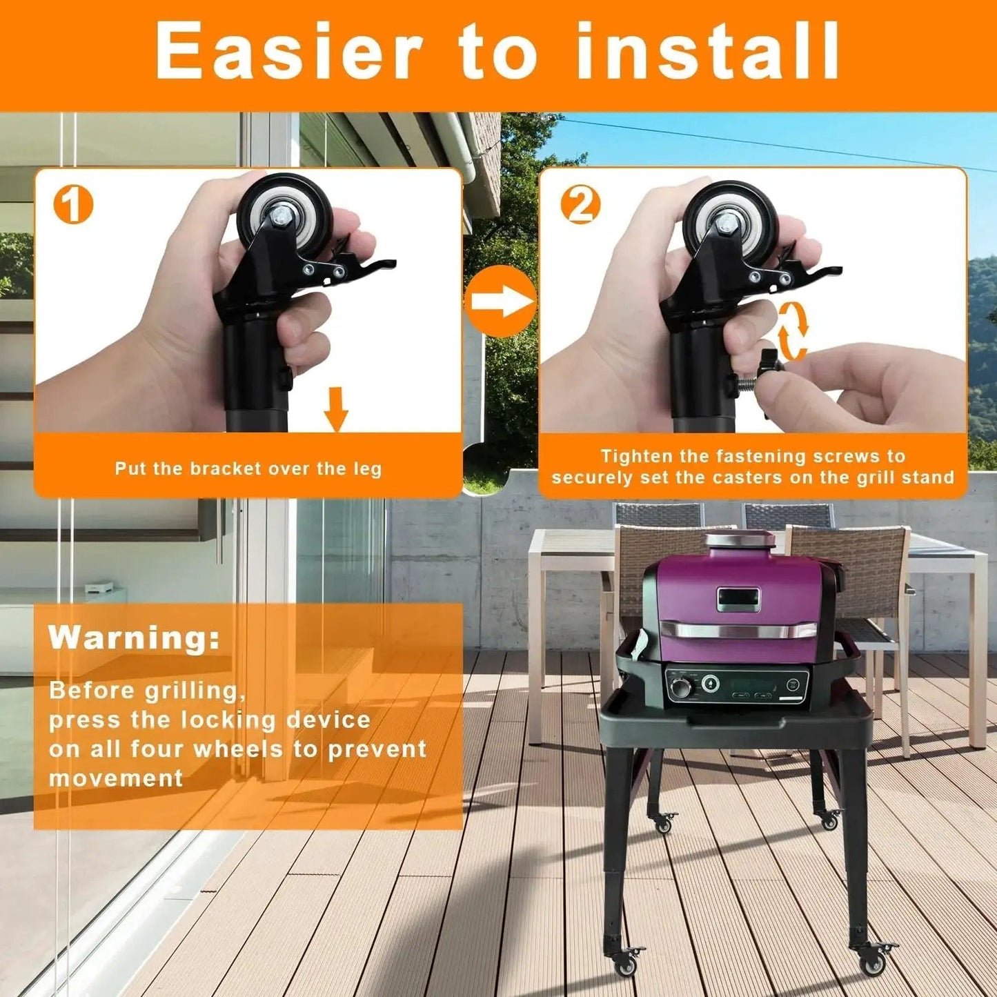 Installation guide for Heavy Duty Caster Wheel Kit With 360 Degree Swivel And Brake For Outdoor Ninja Stand XSKUNSTAND on grill stand