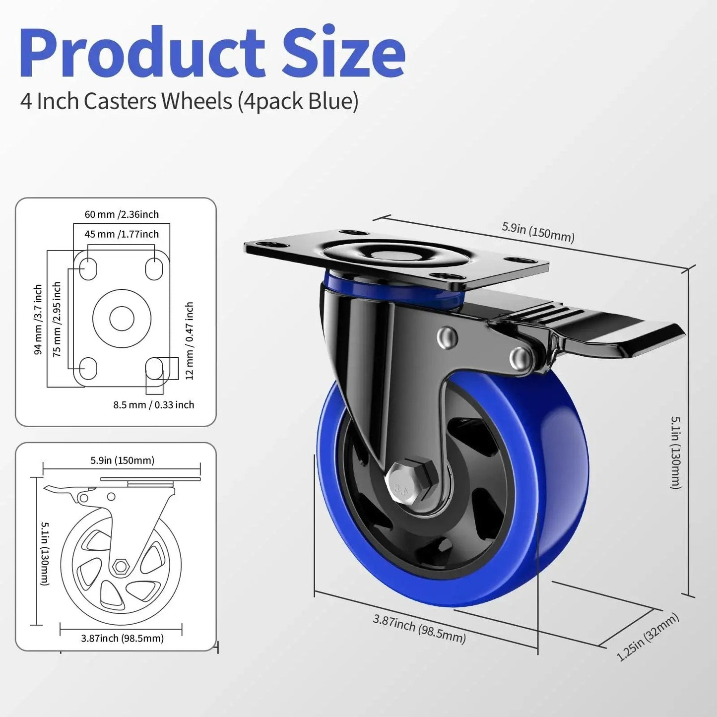 Heavy Duty 4 Inch Caster Wheels Set Of 4 With Locking Swivel Brakes Industrial Plate Casters diagram with dimensions