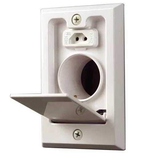 Central Vacuum Direct Connect Electrified Inlet White CI358W mounted on a wall, featuring a hinged cover and PVC construction.