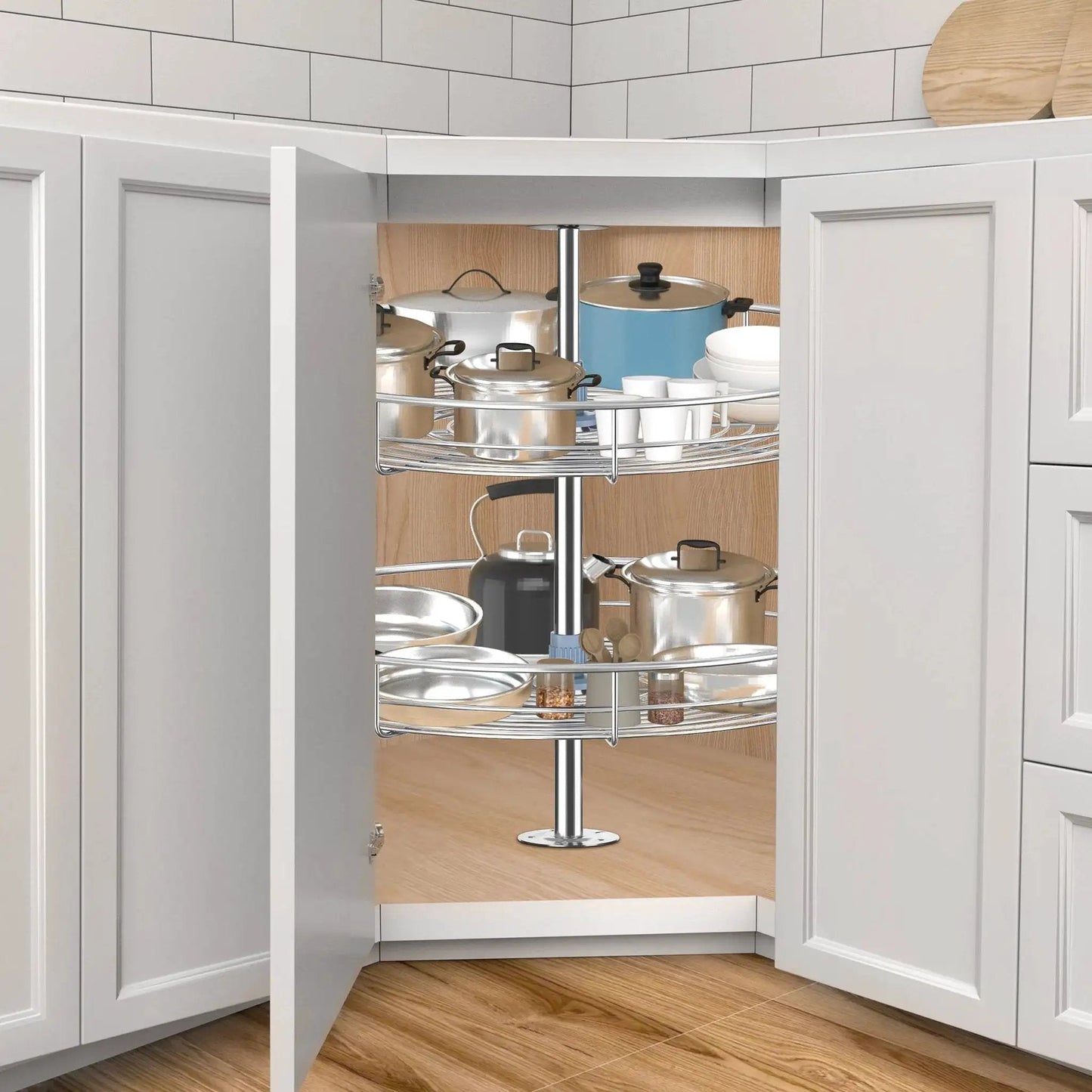 Chrome 24 Inch Corner Cabinet Lazy Susan full circle rotating rack shown in kitchen cabinet with cookware.