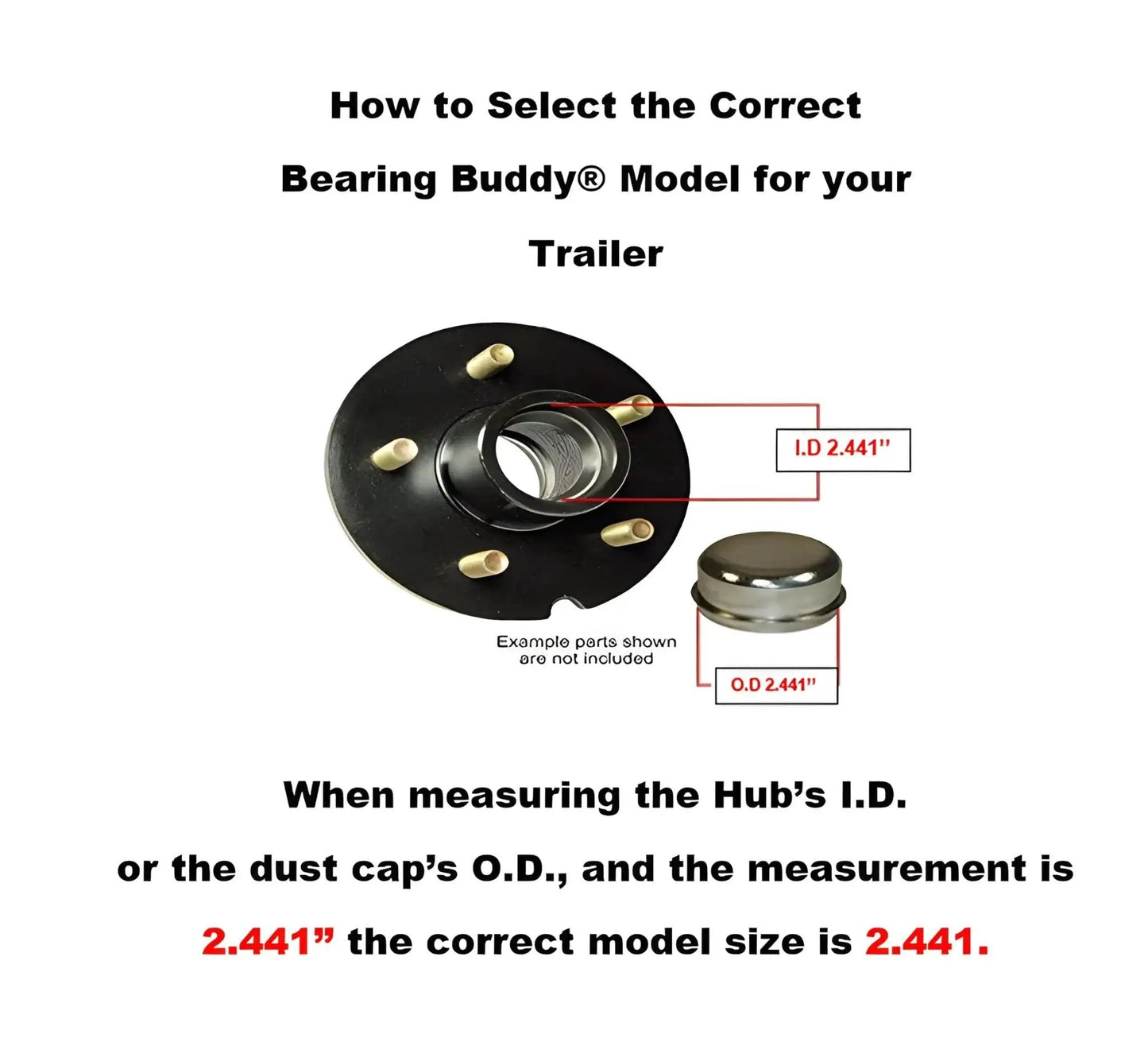 Diagram showing USA Made Chrome Plated Bearing Protector installation for 2.441 inch hubs with measurement details.
