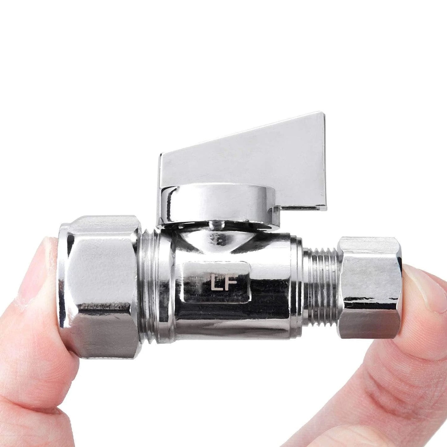 Two Pack Chrome Brass Quarter Turn Angle Stop Valves With One Half Inch Nominal Compression Inlet And Five Eighths Inch OD To Three Eighths Inch OD Compression Outlet Lead Free Brass 150 PSI Rated Corrosion Resistant Chrome Finish Shut Off, held in hand