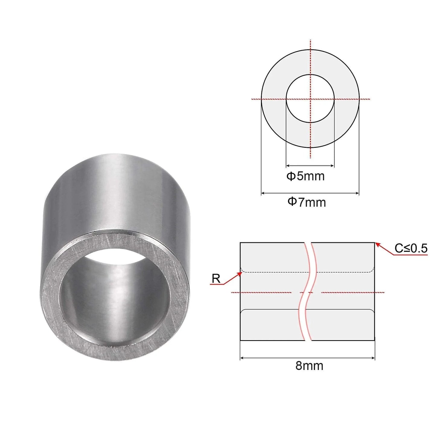 Chrome Steel Oilless Sleeve Bearings 5mm By 7mm By 8mm Bushing 2 Pieces with technical schematic showing dimensions.