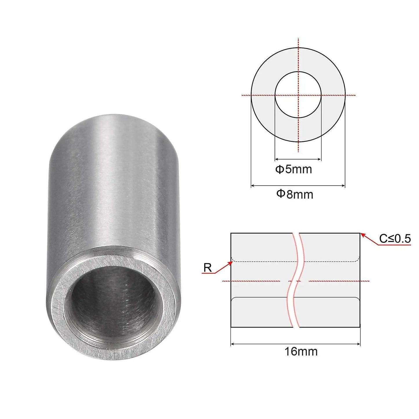 Chrome Steel Sleeve Bearings 5mm Bore 8mm Outer Diameter 16mm Length Oilless Bushings Set Of 6 with technical diagram