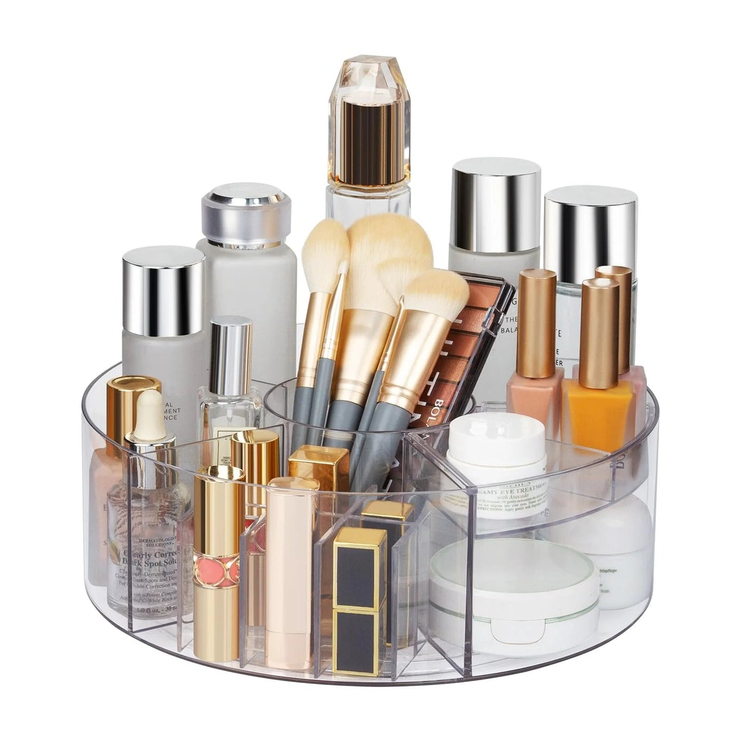 360 Degree Rotating Makeup Organizer Turntable for Vanity and Bathroom Counter, Clear Lazy Susan with 6 Dividers for Skincare, Makeup Brushes, Lipsticks and Cosmetics, Spinning Storage Holder with Large 10 x 10 x 3.5 Inch Capacity